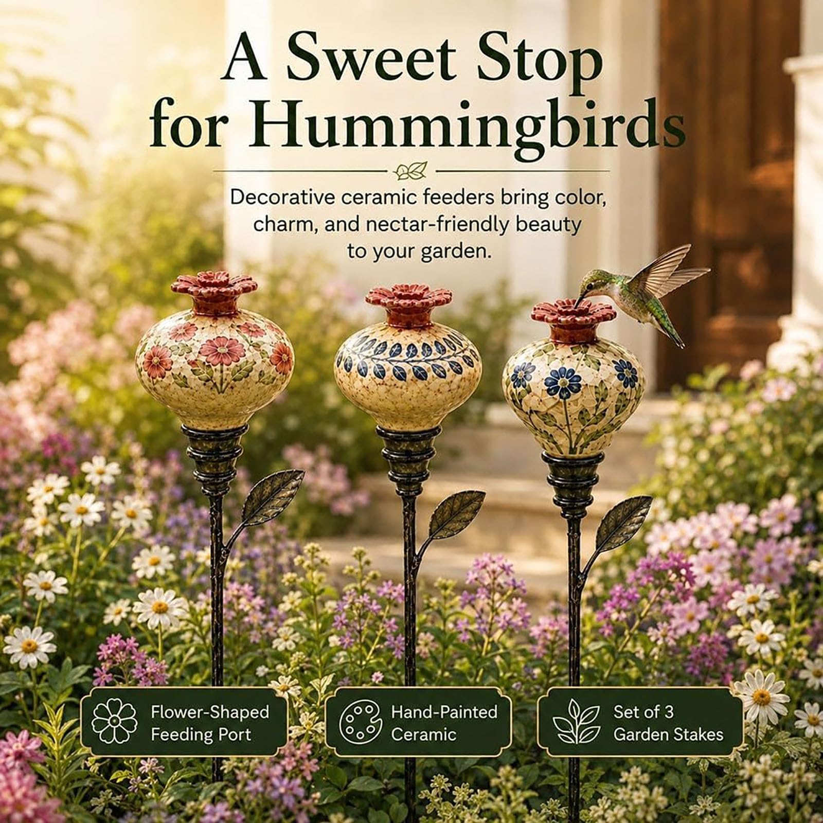 Paletto da giardino per mangiatoia per colibrì in ceramica (3pc)