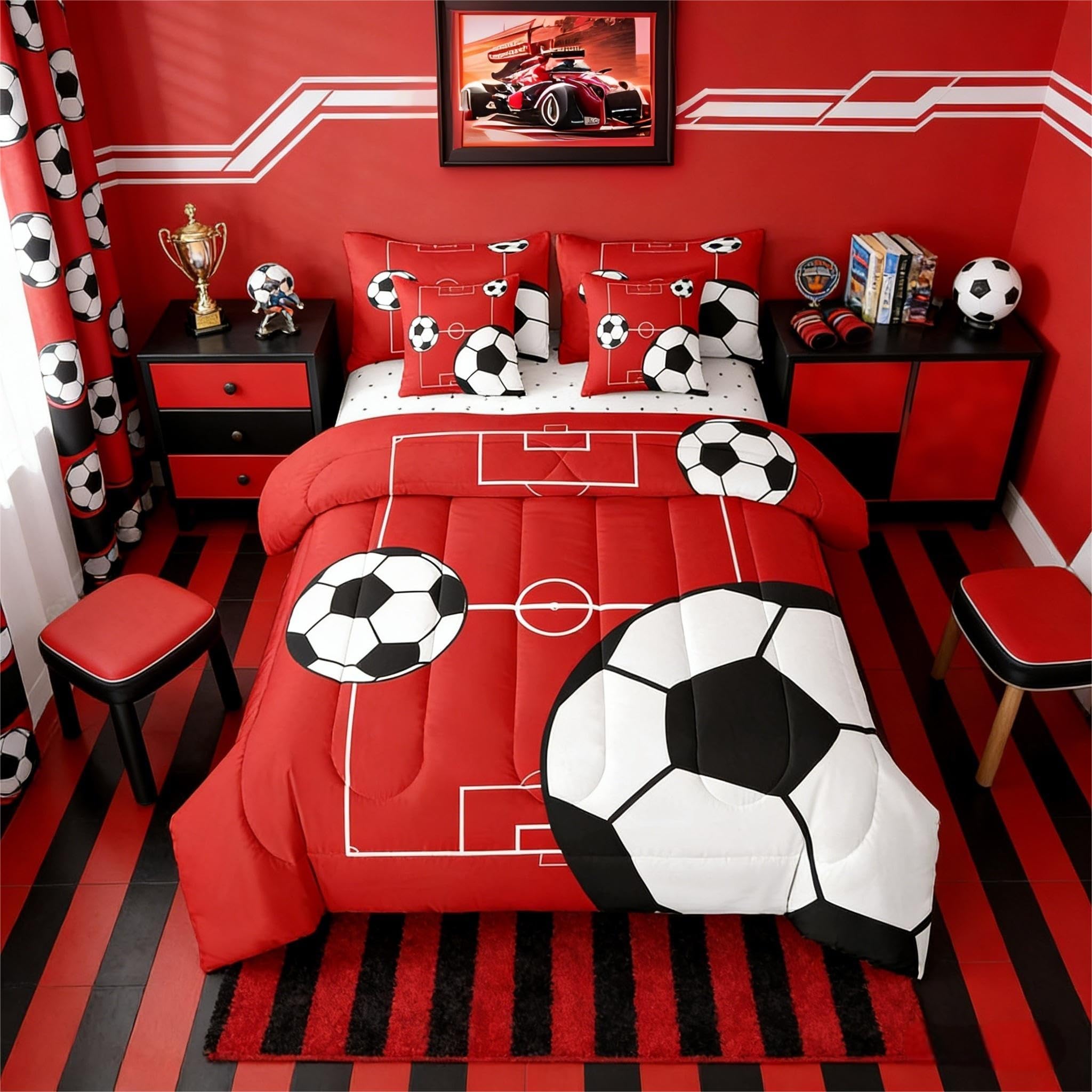 Erosebridal Sports Theme 7 Piece Bedding Set Queen Football Comforter Set with Sheets Football Court Soccer Ball Pattern Bed in a Bag Boys Playground Red White for Kids Boys Girls