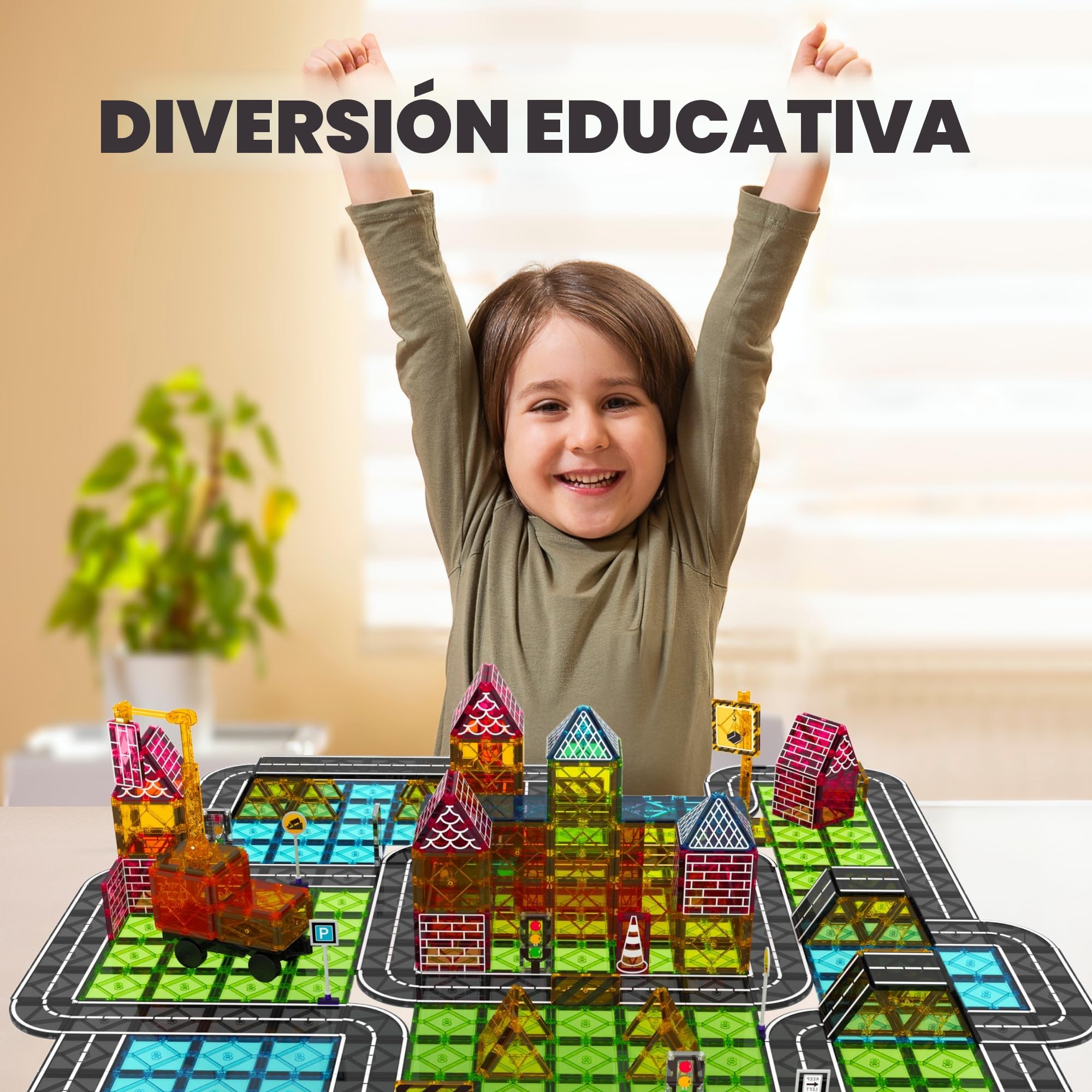 Desire Deluxe Road Magnetic Tiles - Set de Coche Grúa Magnético para Niños, Juguetes Educativos Stem Montessori Pequeños, Juguetes de Construcción para Niños y Niñas – Regalo para Mayores de 3 Años