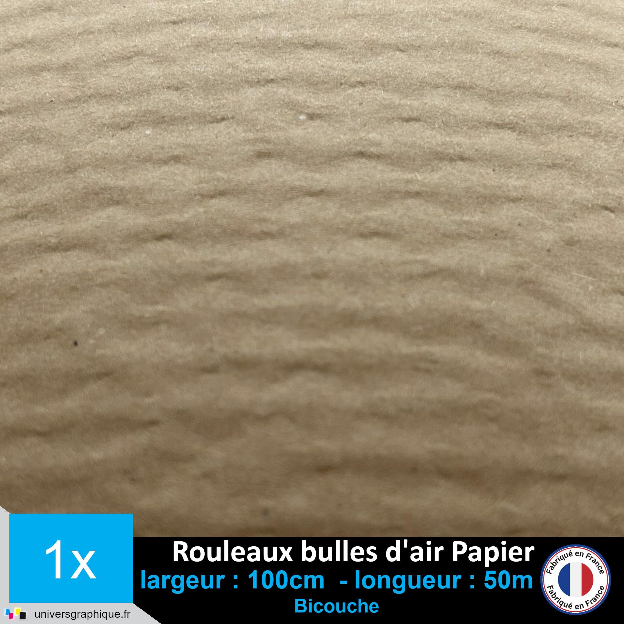 Rouleau Papier Bulle Kraft bicouche 50 g/m², 50cm de hauteur x 50 mètres de longueur et 42cm de diamètre pour calage et protection de contenu de colis.