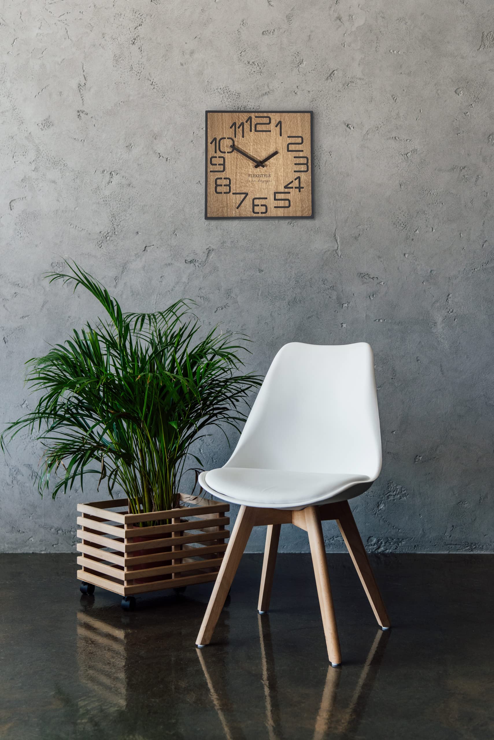 FLEXISTYLE Moderno Reloj de Pared Cuadrado Grande de Madera Eco de 50 cm de diámetro, Silencio, Aspecto de Madera, Roble, salón, Dormitorio, (Digits 40 cm)