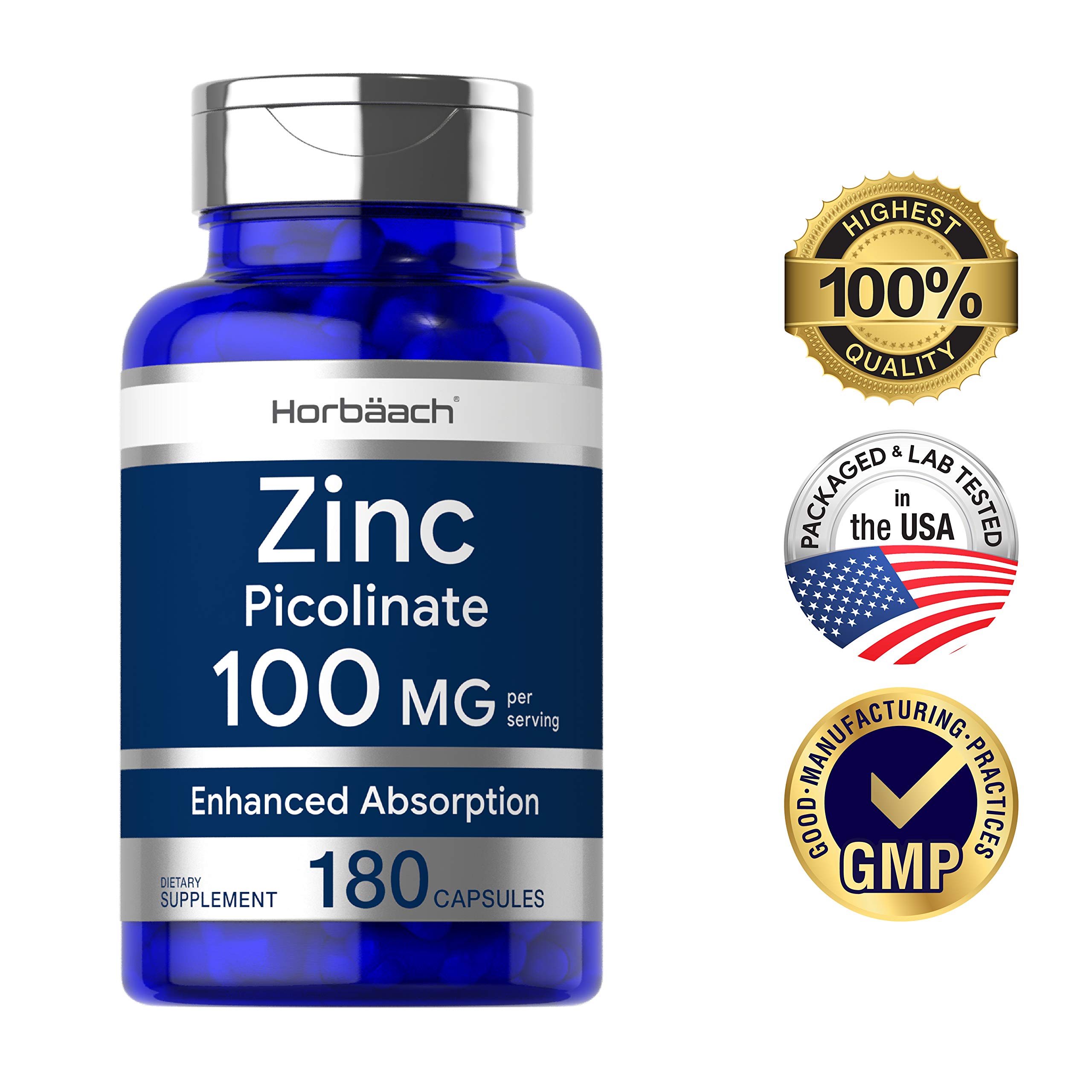 Zinc Picolinate 100mg 180 Capsules High Potency NonGMO, Gluten