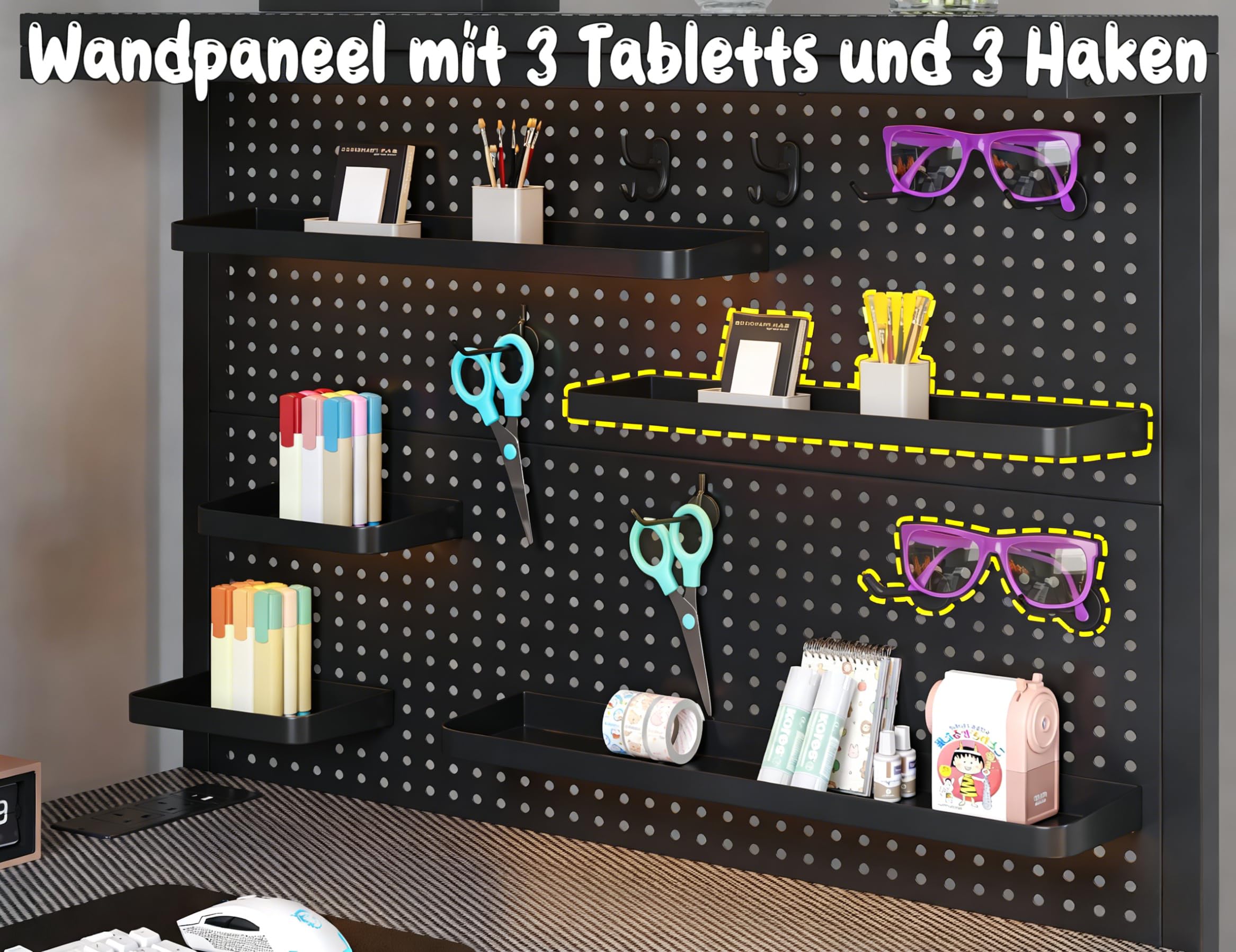 L-förmiger Gaming-Tisch mit Lochwandaufsatz und Regalen, Eck-Computertisch mit Steckdose, umkehrbarer Büroschreibtisch mit 3 abnehmbaren Ablagen für Zuhause und Schlafzimmer, 120*80cm Schwarz