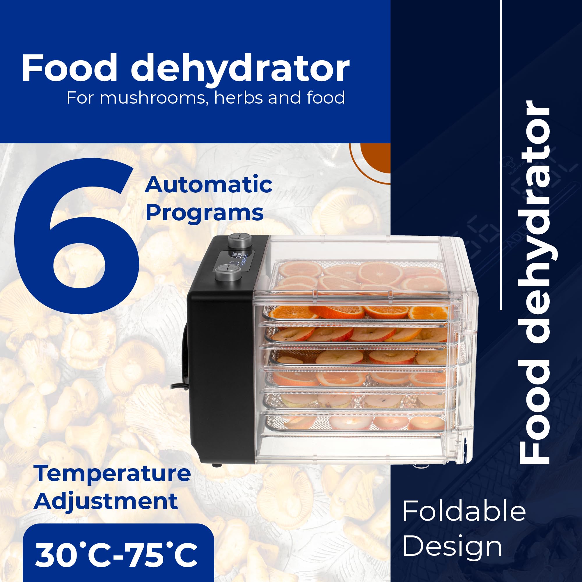 Adler Deshidratador de Alimentos Digital AD 6660, 6 Bandejas de Malla, Ventilador de Circulación, Pantalla LCD, Control de Temperatura y Tiempo