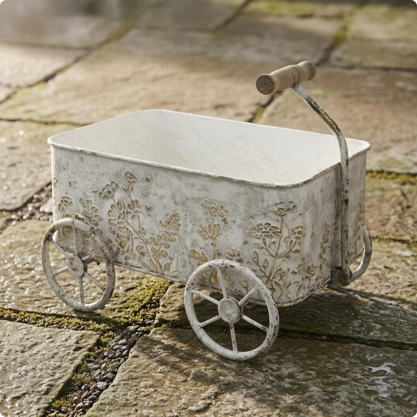Iron Planter Cart Distressed Antique Finish Decorative Cart Planter Embossed Flower and Leaf Garden Decor for Patio White Gold-image-47
