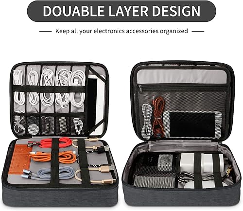Miniatura 3 de HOLIMET Bolsa organizadora de cables, bolsa de accesorios electrónicos, doble capa para viajes, bolsa organizadora de almacenamiento de cables