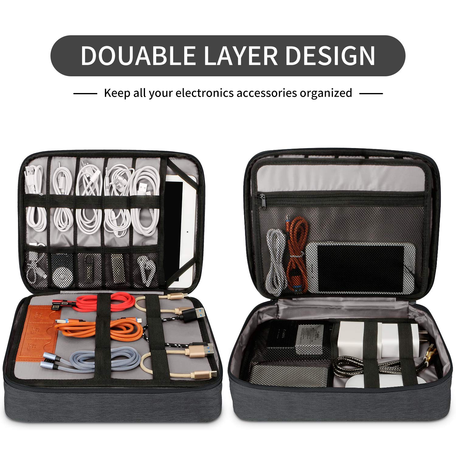 HOLIMET Kabel Organizer Tasche, elektronische Zubehörtasche Doppelschicht für Reisen wasserdichte Kordel Aufbewahrungstasche für iPad, Kindle, Festplatten, Kabel, Ladegeräte, Power Bank und mehr