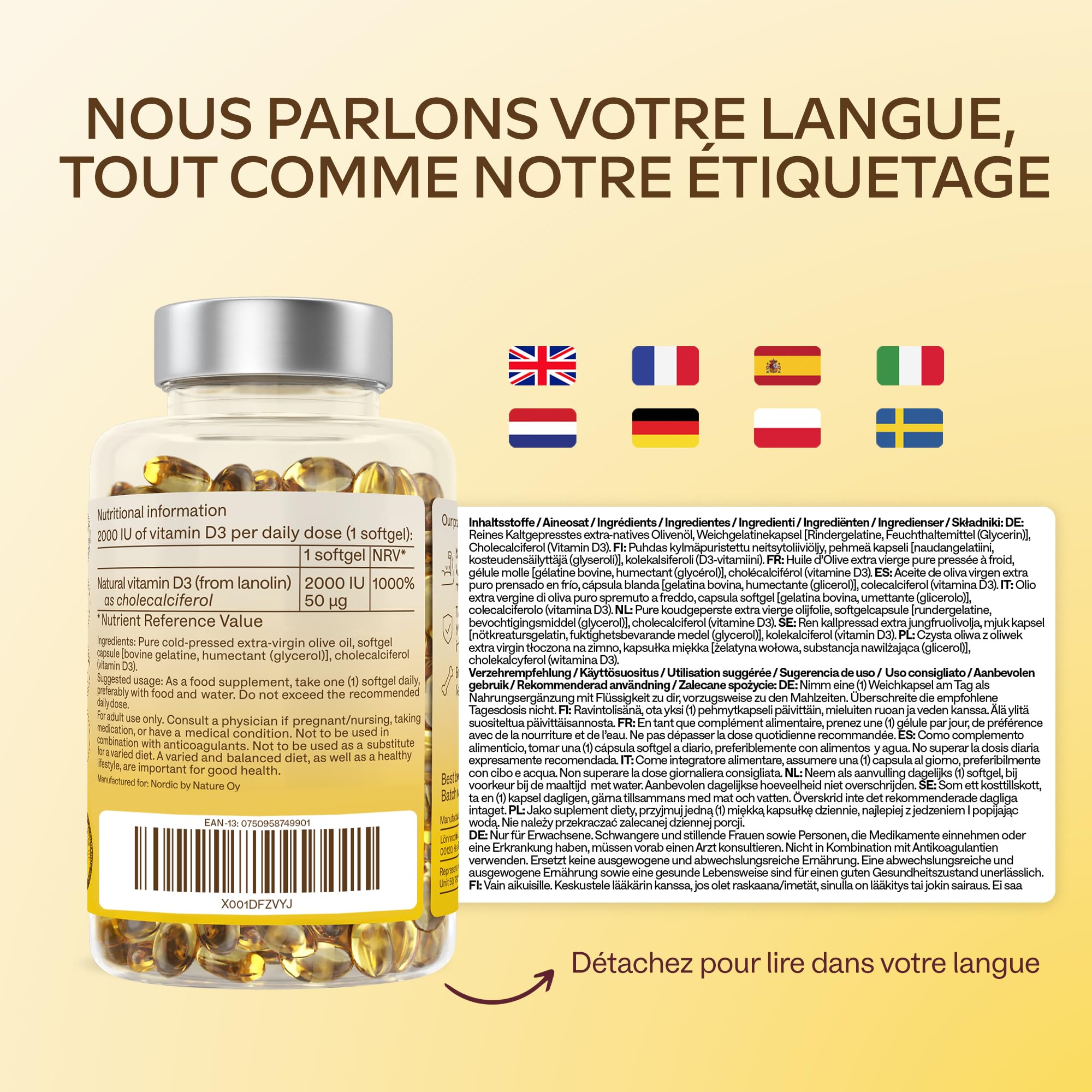 Vitamine D3 2000 UI - Vitamine D avec Huile d’Olive Extra Vierge pour Absorption Optimale - Vitamines sans OGM, sans Gluten et Lactose pour les Fonctions Osseuse, Musculaire, Immunitaire - 365 Gélules