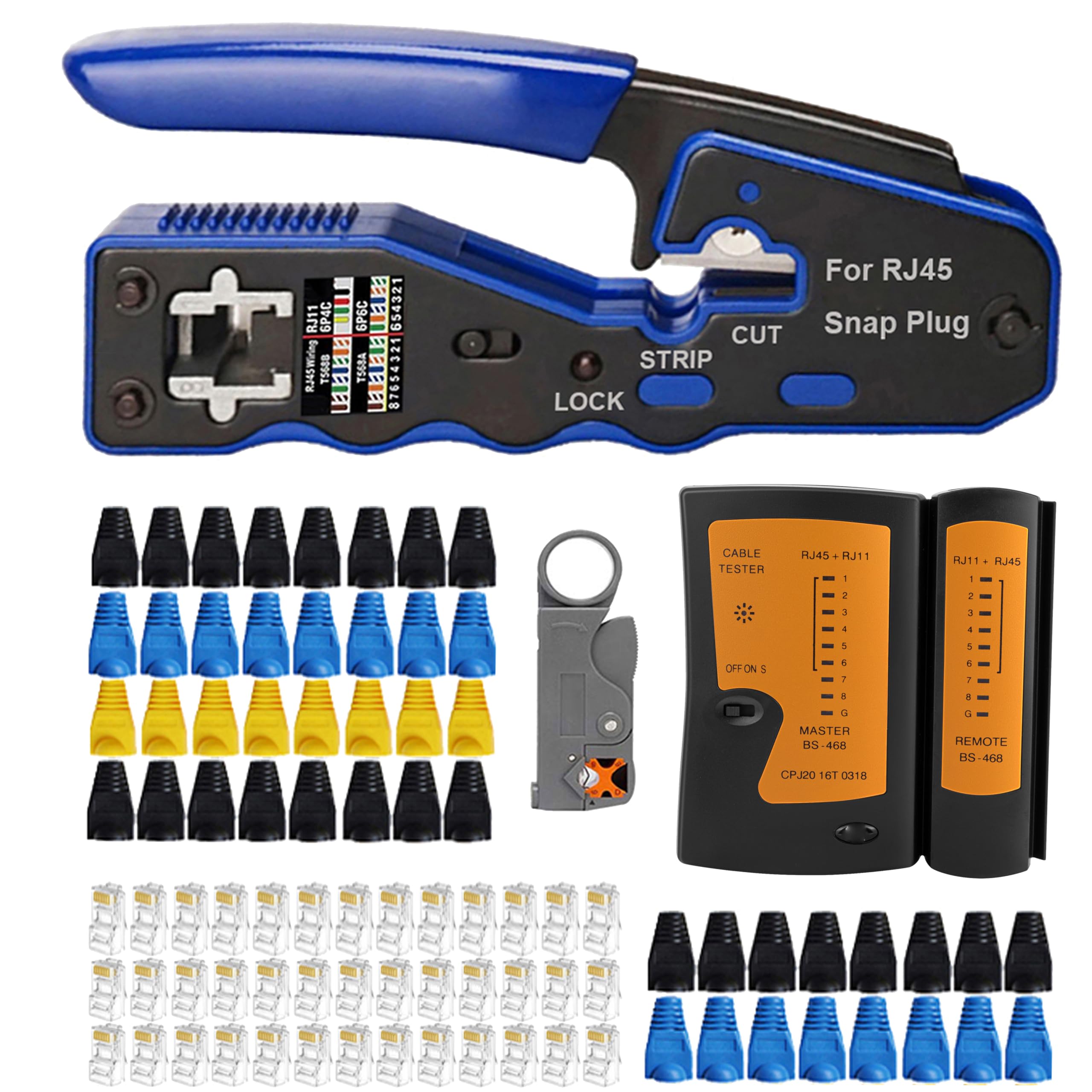 MAYLINE RJ45 RJ12 Crimp Network Tool kit CAT5 CAT6 Stripper Cable Crimping Tool Professional LAN Cable Tester Ethernet Crimper kit&RJ45 Crimp Pass Through Repair Tool with Connectors(Grey)