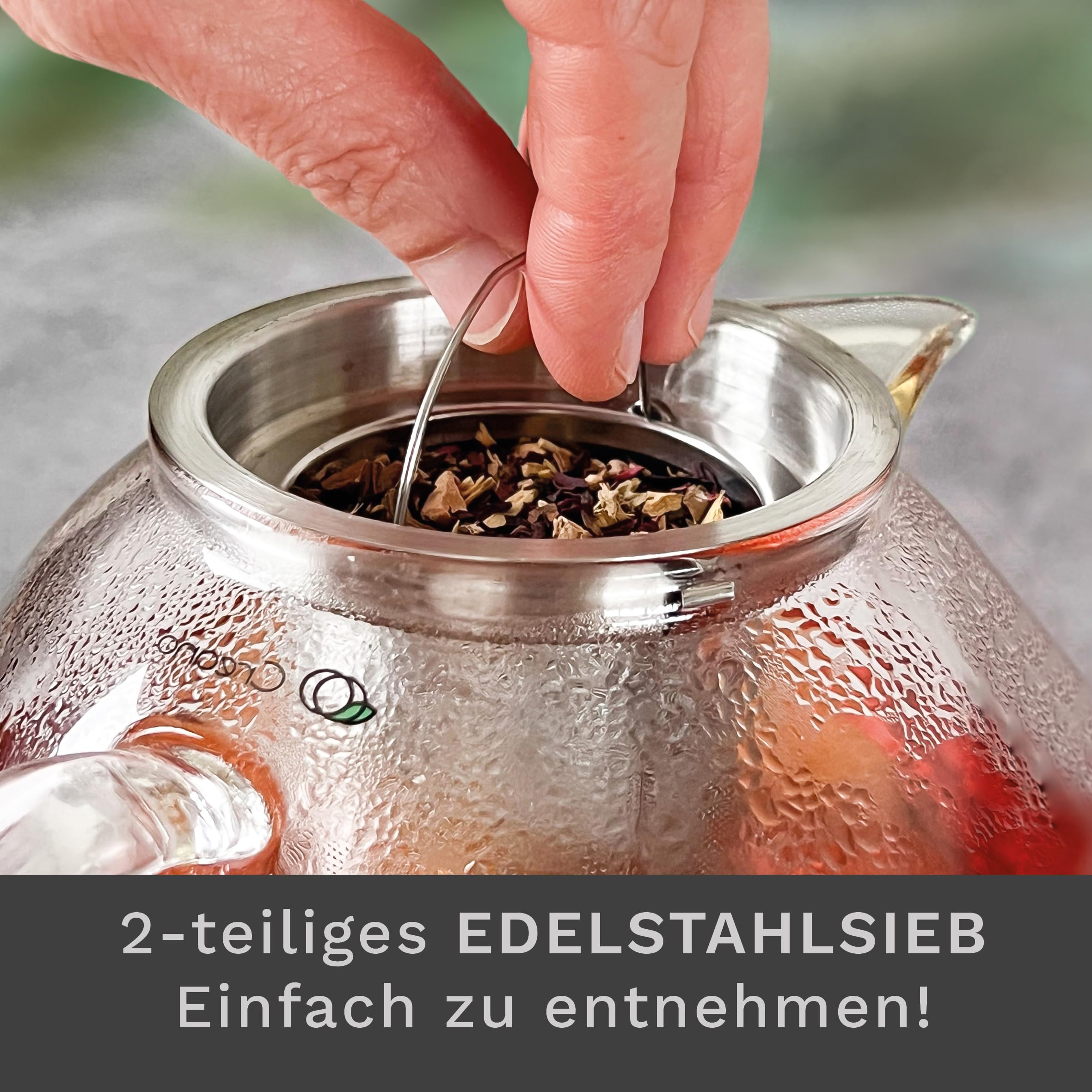 Creano Teekanne aus Glas 1,7l, 3-teilige Glasteekanne mit integriertem Edelstahl Sieb und Glasdeckel, ideal zur Zubereitung von losen Tees, tropffrei, All-in-one