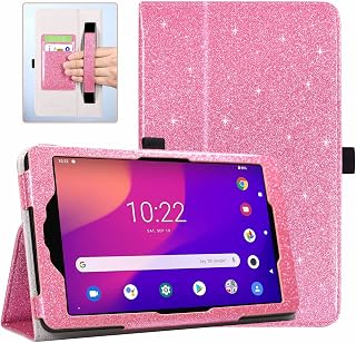 Case for Metro by T-Mobile Alcatel Joy Tab 2, 8 Inch Tablet 2020 Release, PU Leather Shockproof Folio Cover Protector Accessory with Handle Hand Strap, Stand, Card Slot, Glitter Pink