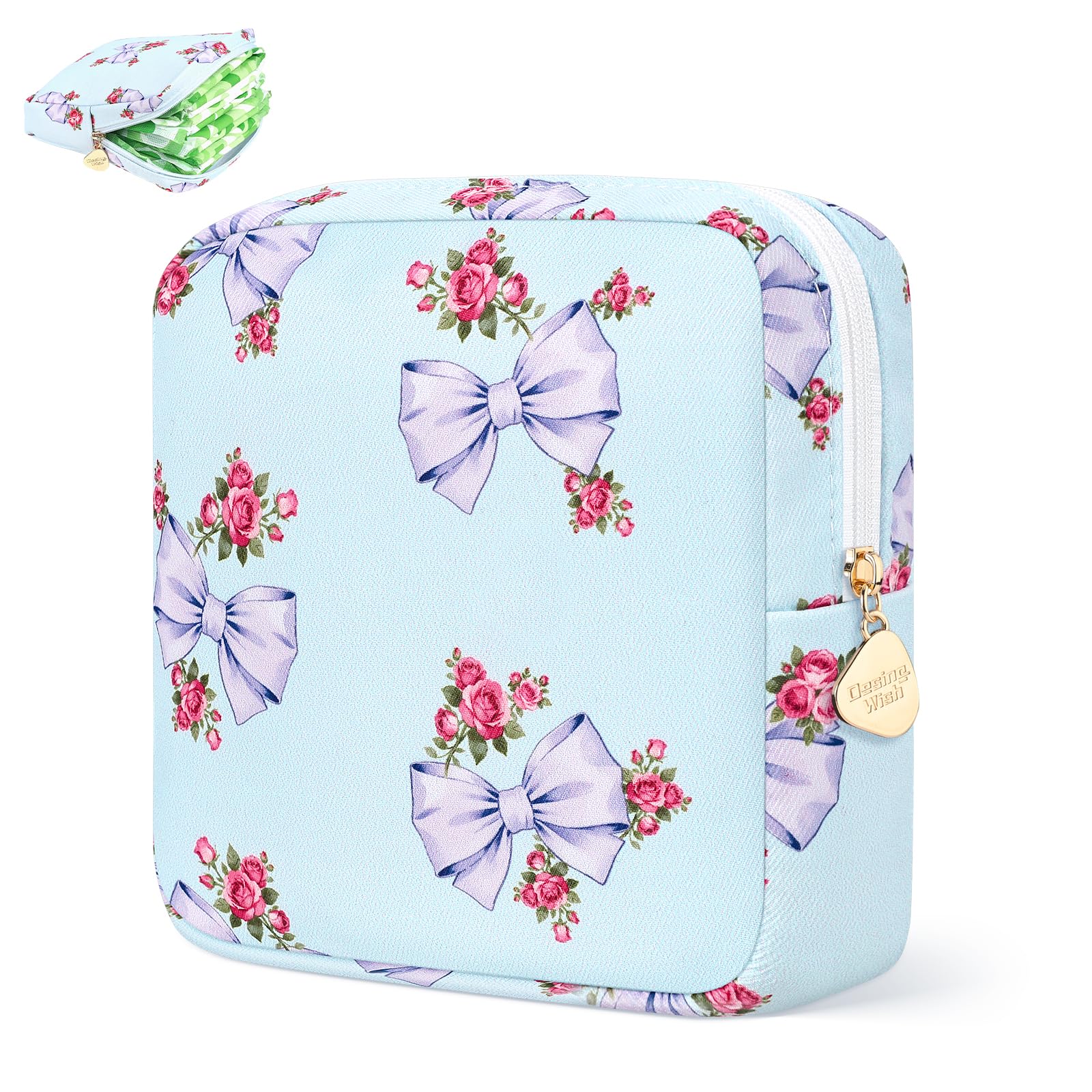 Sanitary Pad Storage Bag Portable Period Bag for Teen Pads/Sanitary Napkins/Small Tampons, Sanitary Napkin Storage Bag First Period Gifts for Teen Girls (Blue Rose Bowknot)