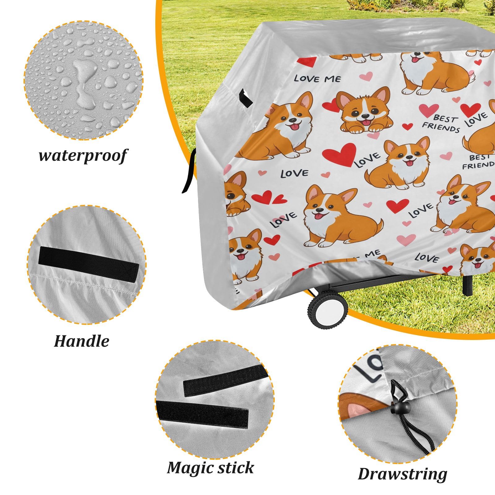 Wysokiej jakości pokrowiec na grilla wodoodporny pokrowiec na grilla odporny na blaknięcie pokrowiec na grilla wytrzymały pasuje do szerokości grilla do 60 cm wzór serca Corgi