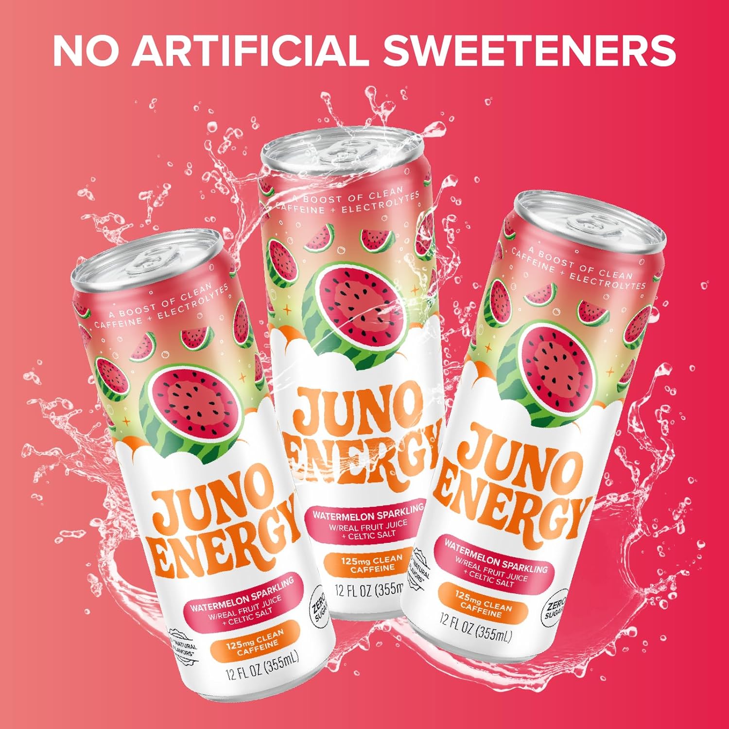 JUNO ENERGY Organic Watermelon Sparkling Energy Drink - Sugar Free, Energizing and Hydrating with 125mg Organic Caffeine from Green Coffee Beans, Stevia, Organic Watermelon Juice & Electrolytes - Vegan, Gluten Free, 12 Pack
