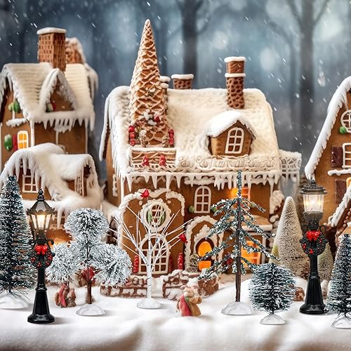Miniatura 6 de 14 piezas de accesorios de Navidad, figura de pueblo, pinos en miniatura, nieve, árboles de Navidad artificiales, ramas desnudas, lámparas de calle,