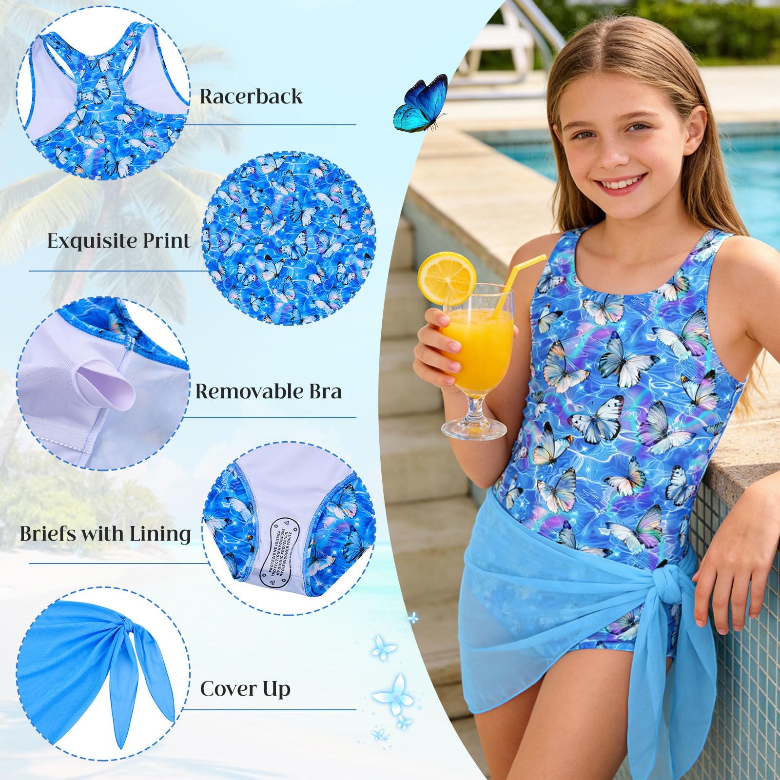 Kids4ever Set Bikini da 3 Pezzi per Bambine, Tankini per Bambine, Costumi da Bagno Estivi hawaiani, Bikini per Adolescenti, Top con Slip e Gonna, alla Moda e Belli per età 8-14 Anni