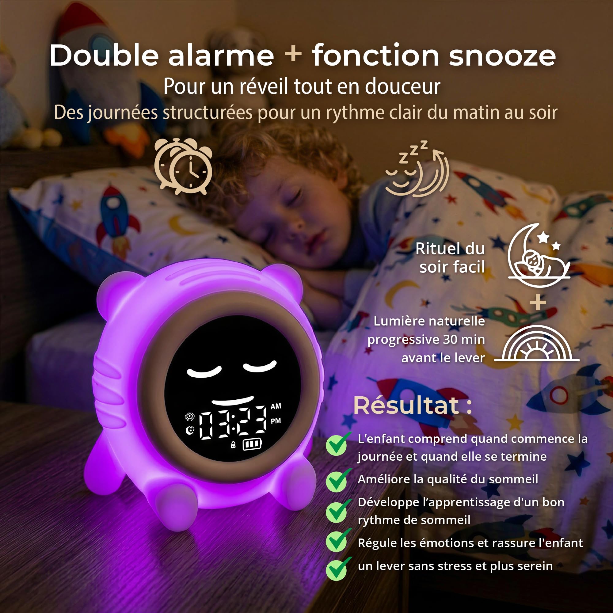 ANTIKOLOR Reveil Enfant éducatif Jour Nuit - Horloge Apprentissage Fille et Garcon - veilleuse bébé - dés 3 Ans