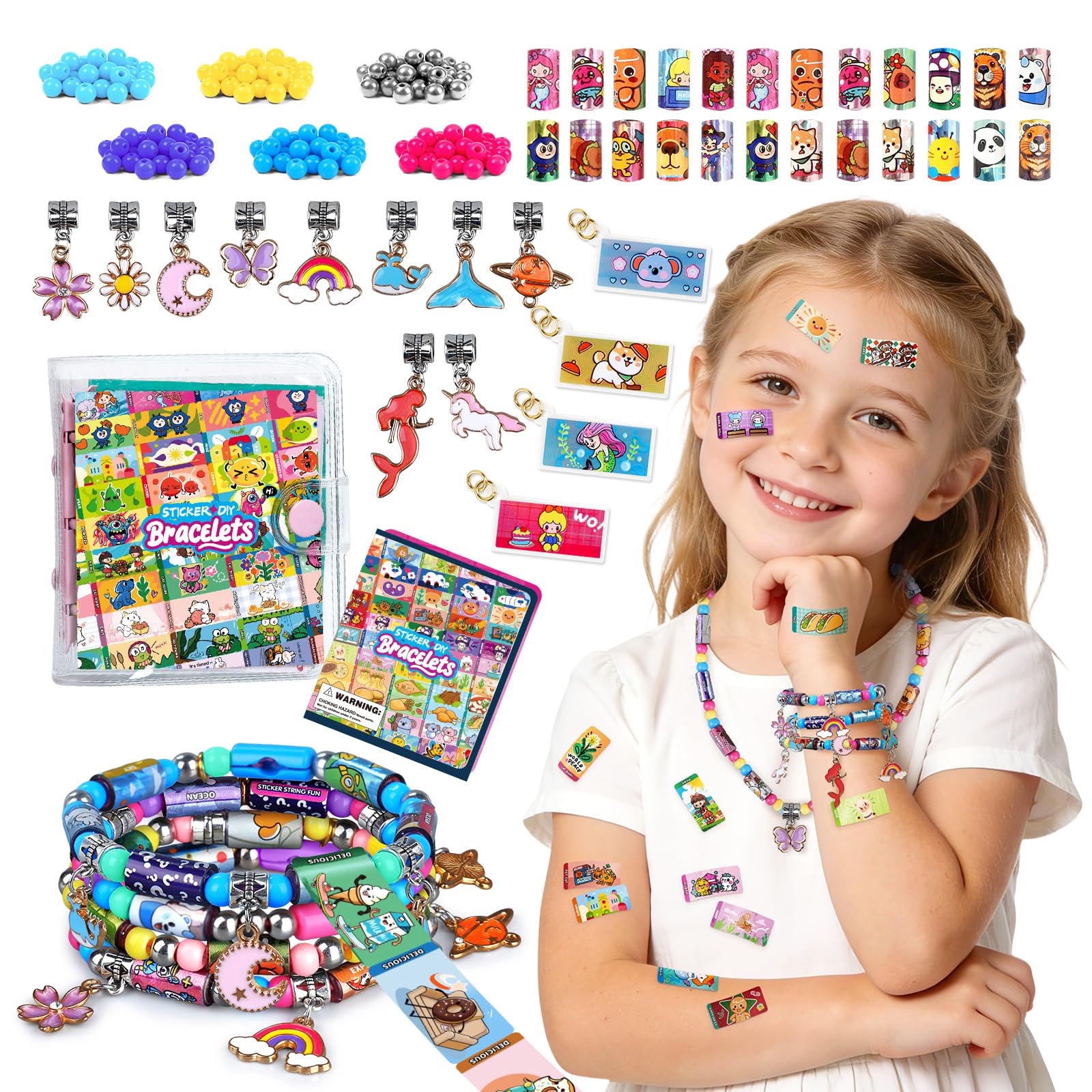 jhtigre Zestaw do tworzenia bransoletek z koralikami dla dzieci, 190 szt. mini naklejek, 10 metalowych wisiorków, książka kolekcjonerska, zestawy biżuterii DIY, bransoletki dla dzieci, prezent