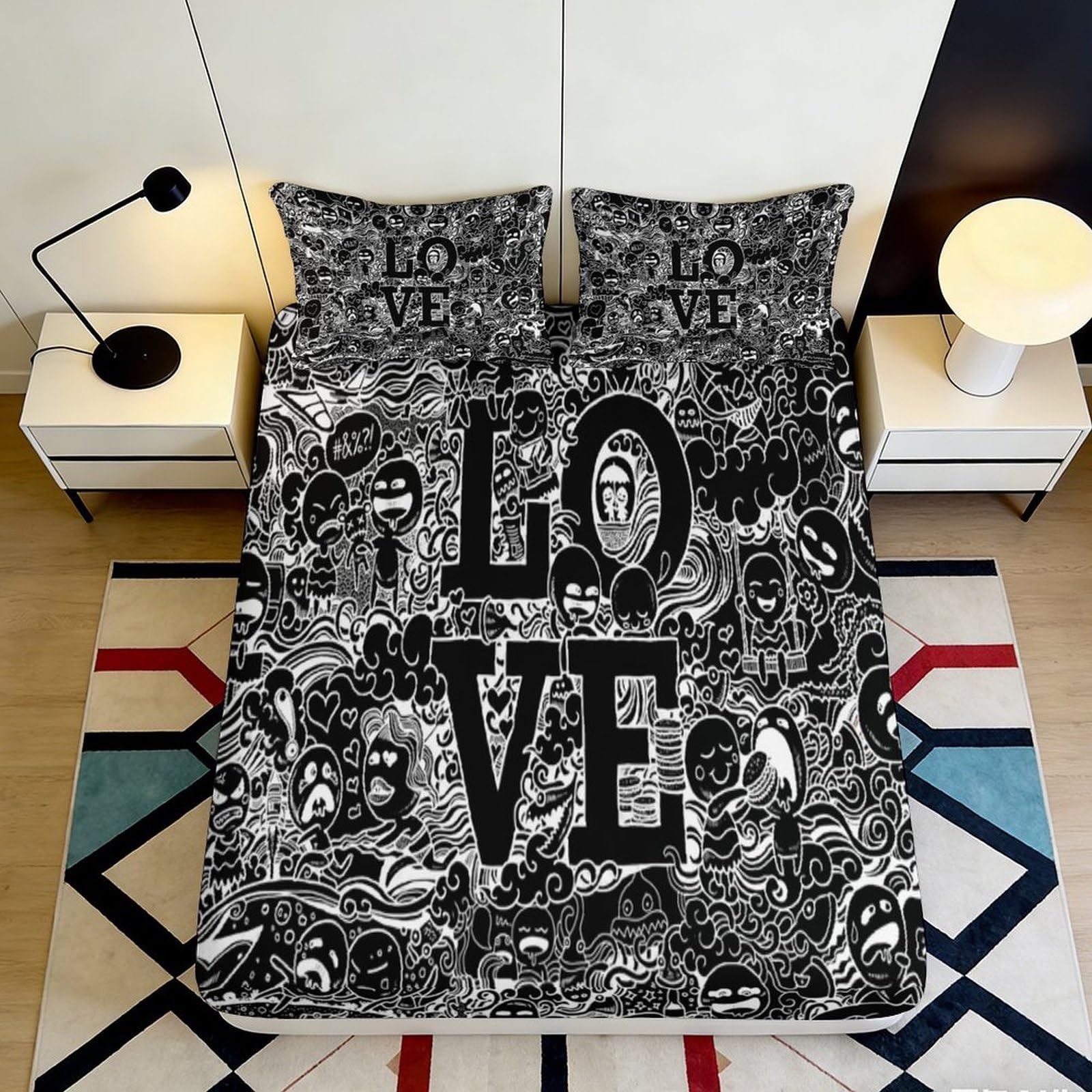 3D Printed Graffiti Love Fitted Sheet Microfiber Deep Pocket Non-Slip Bedroom Bedding Artistic Mattress Fitted Cover 140x200x25cm