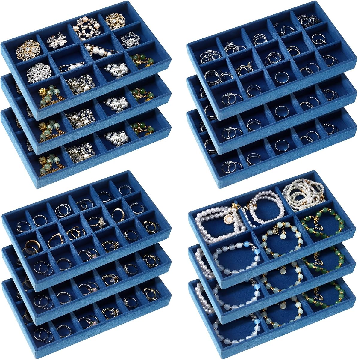 12 Pcs Jewelry Tray Velvet Stackable Jewelry Organizer Trays Divided Earring Accessories Storage Containers Box (Rose Red)