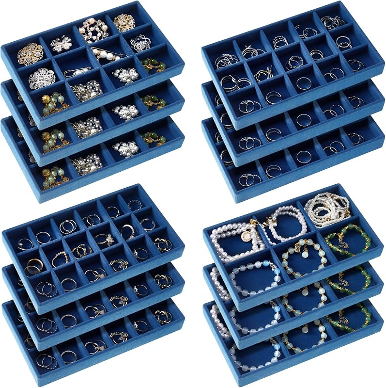 12 Pcs Jewelry Tray Velvet Stackable Jewelry Organizer Trays Divided Earring Accessories Storage Containers Box (Rose Red)