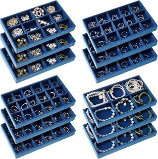 12 Pcs Jewelry Tray Velvet Stackable Jewelry Organizer Trays Divided Earring Accessories Storage Containers Box (Rose Red)