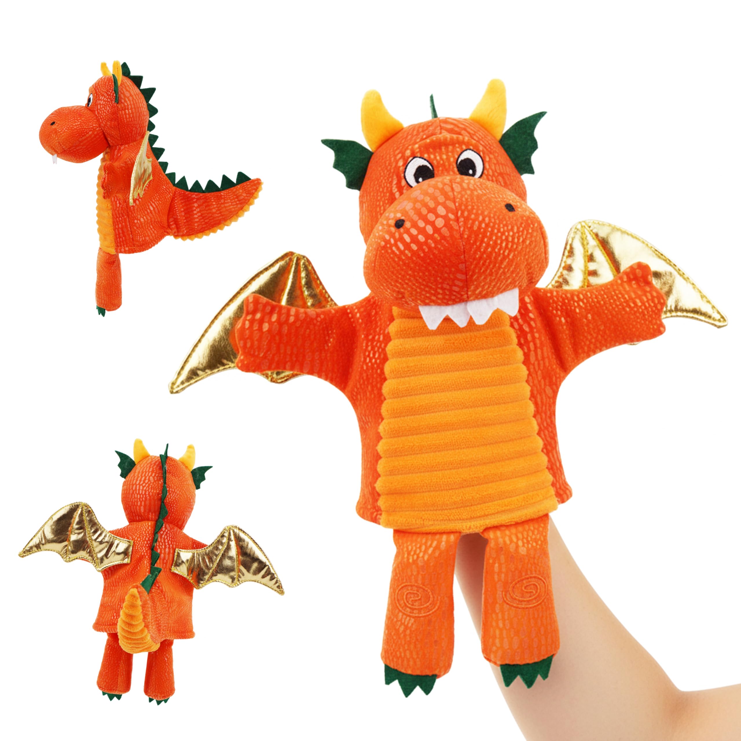 Lullaberry Plush Dragon Hand Puppet – Orange Fantasy Storytelling Toy with Golden Wings – Pretend Play Adventure for Toddlers and Kids