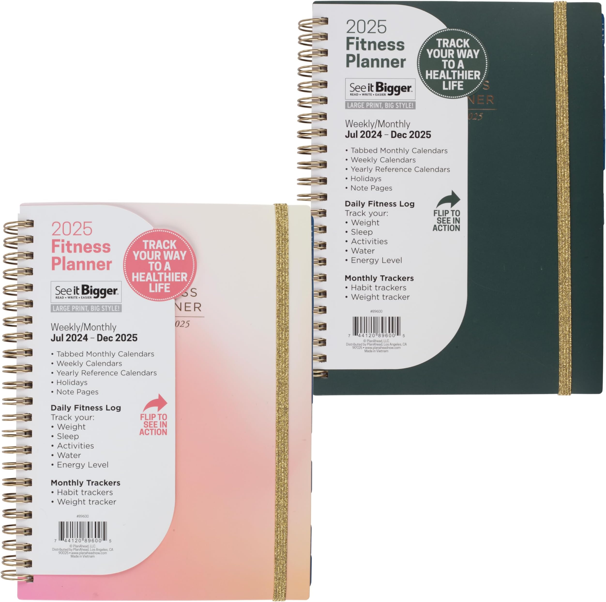 PlanAhead2025 Fitness Journal for Women & Men (8.25"x6") - Workout Planner & Tracker Logs Habits, Weight, Water Intake - Weekly & Monthly Calendar - No Color Selection Available, Chosen Randomly