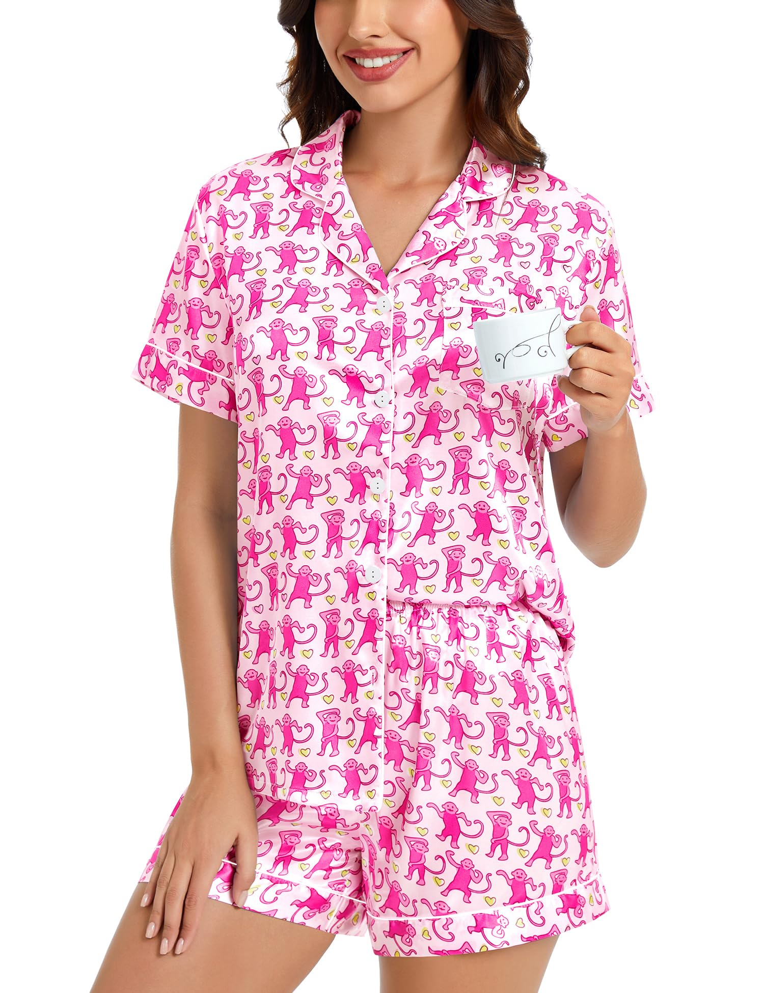 LecGee Womens Silk Satin Pajamas Short Sleeve Loungewear Two-Piece Sleepwear Button-Down Pj Set