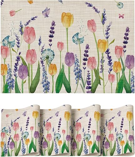 Miniatura 1 de Artoid Mode Juego de 4 manteles individuales de primavera con diseño de diente de león y mariposa de tulipán, 12 x 18 pulgadas, para decoración de
