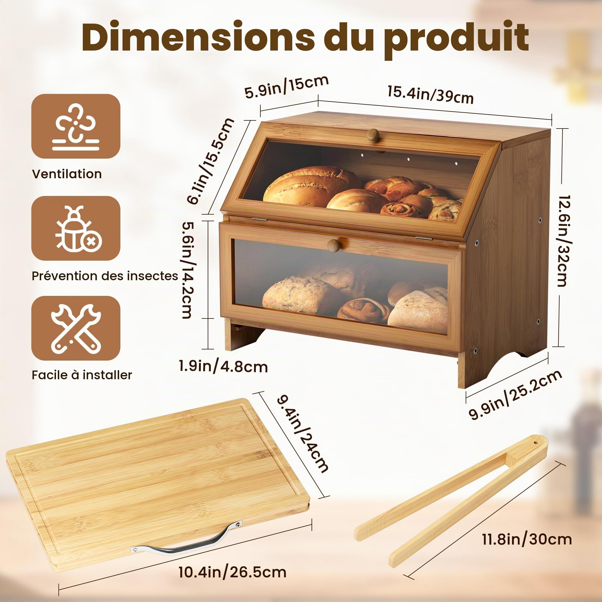Pamapic Boîte à pain en bambou, boîte à pain de cuisine à 2 étages, boîte à pain avec planche à découper et pince à pain, fenêtre transparente, partiellement assemblée, 39 x 25 x 32 cm, marron