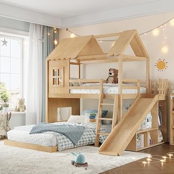 House Bunk Bed Twin Over Full with Slide, Kids Bunk Bed with Roof and Window, House Shaped Floor Bunk Bed with Wardrobe & Storage Shelves, Play House Design, Natural