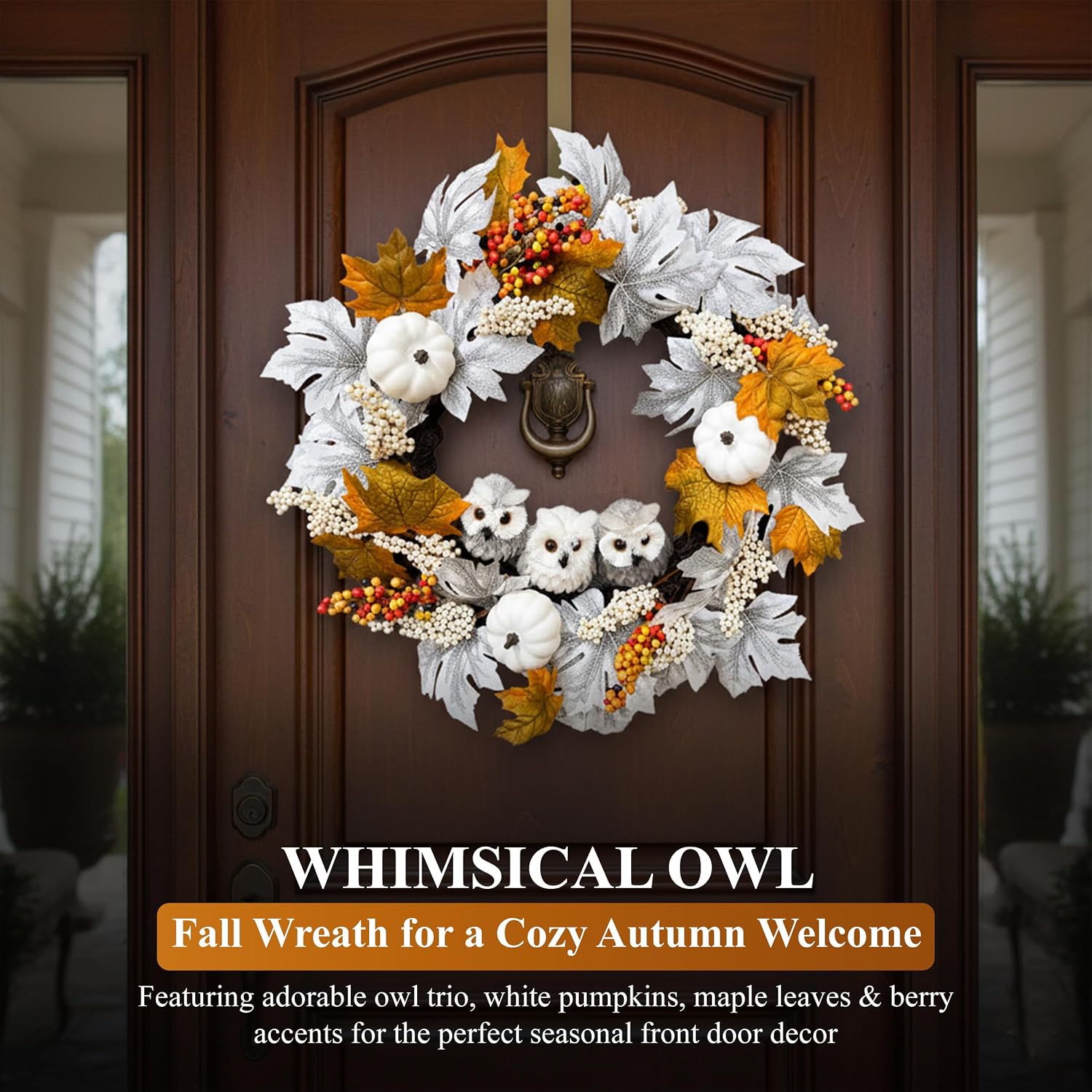 21 Inch Owl Fall Wreath with Pumpkins & Maple Leaves – Perfect Autumn & Thanksgiving Front Door Decor, Halloween Wreath, Fall Porch & Home Decorations, Pumpkin & Fall Wreaths for Front Door