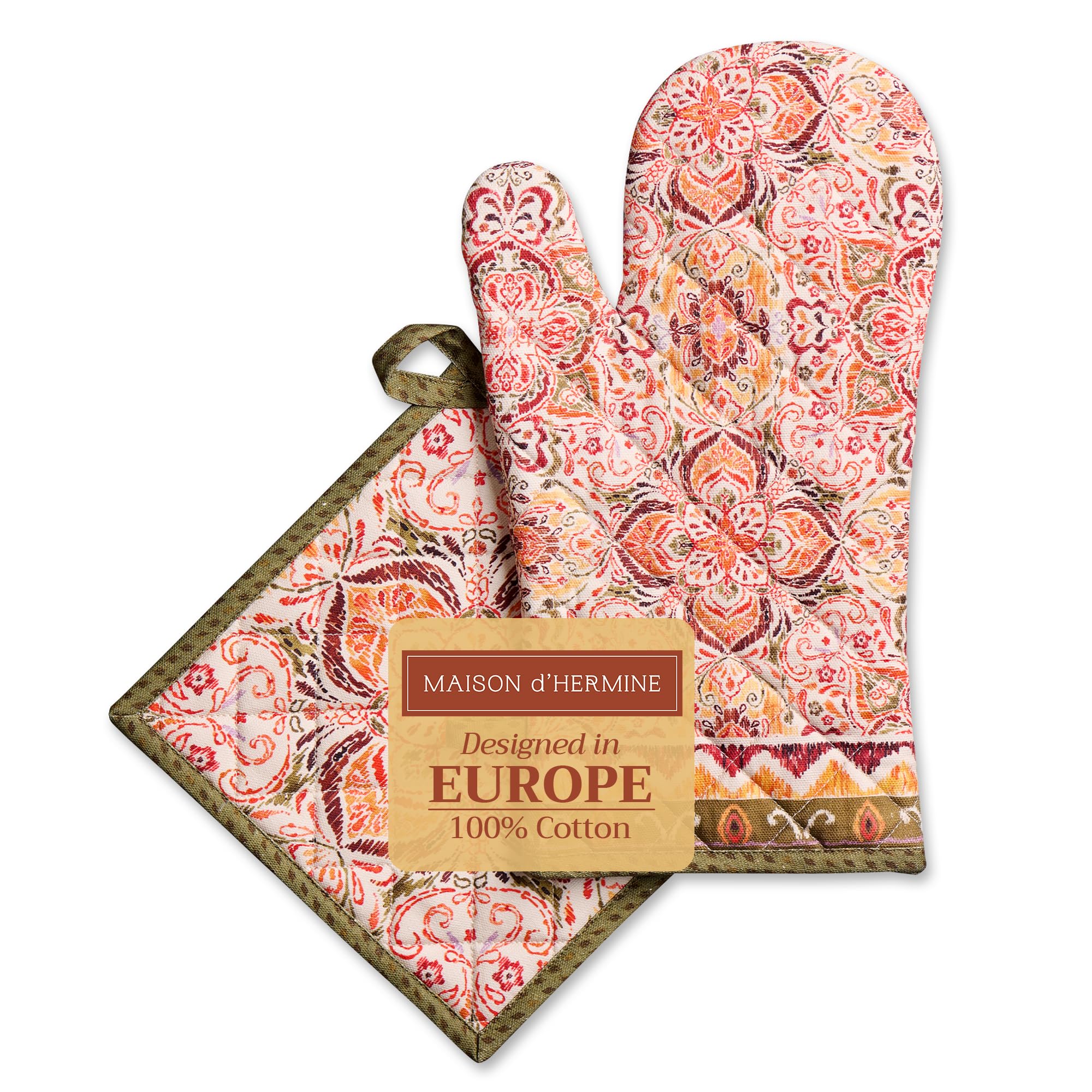 Maison d' Hermine 100% Cotton Oven Mitt & Pot Holder Set (19x33 & 20x20cm)