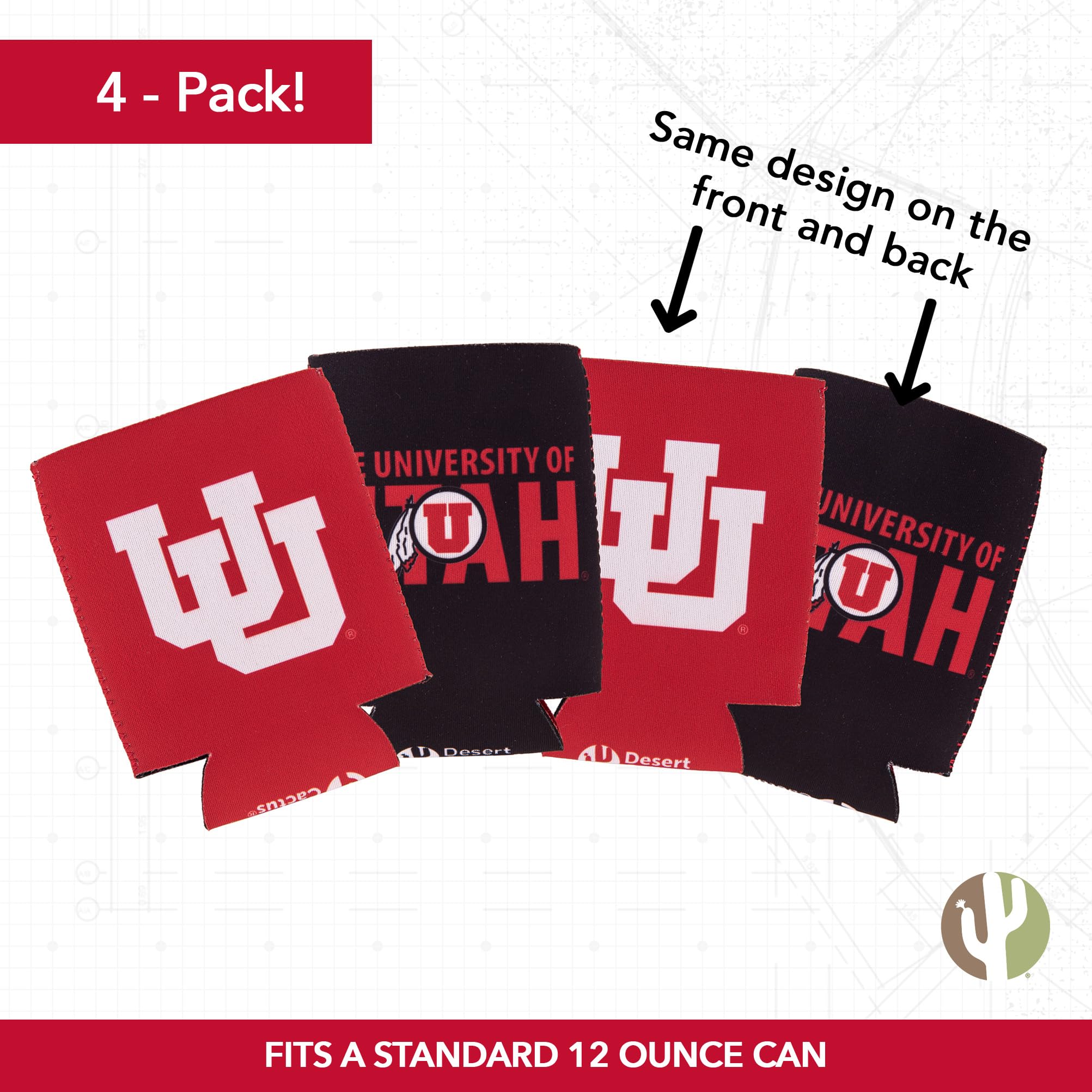 Desert Cactus University of Utah Can Insulator UT Utes Beverage Cooler 1 Pack Foam Beverage Holder (4)