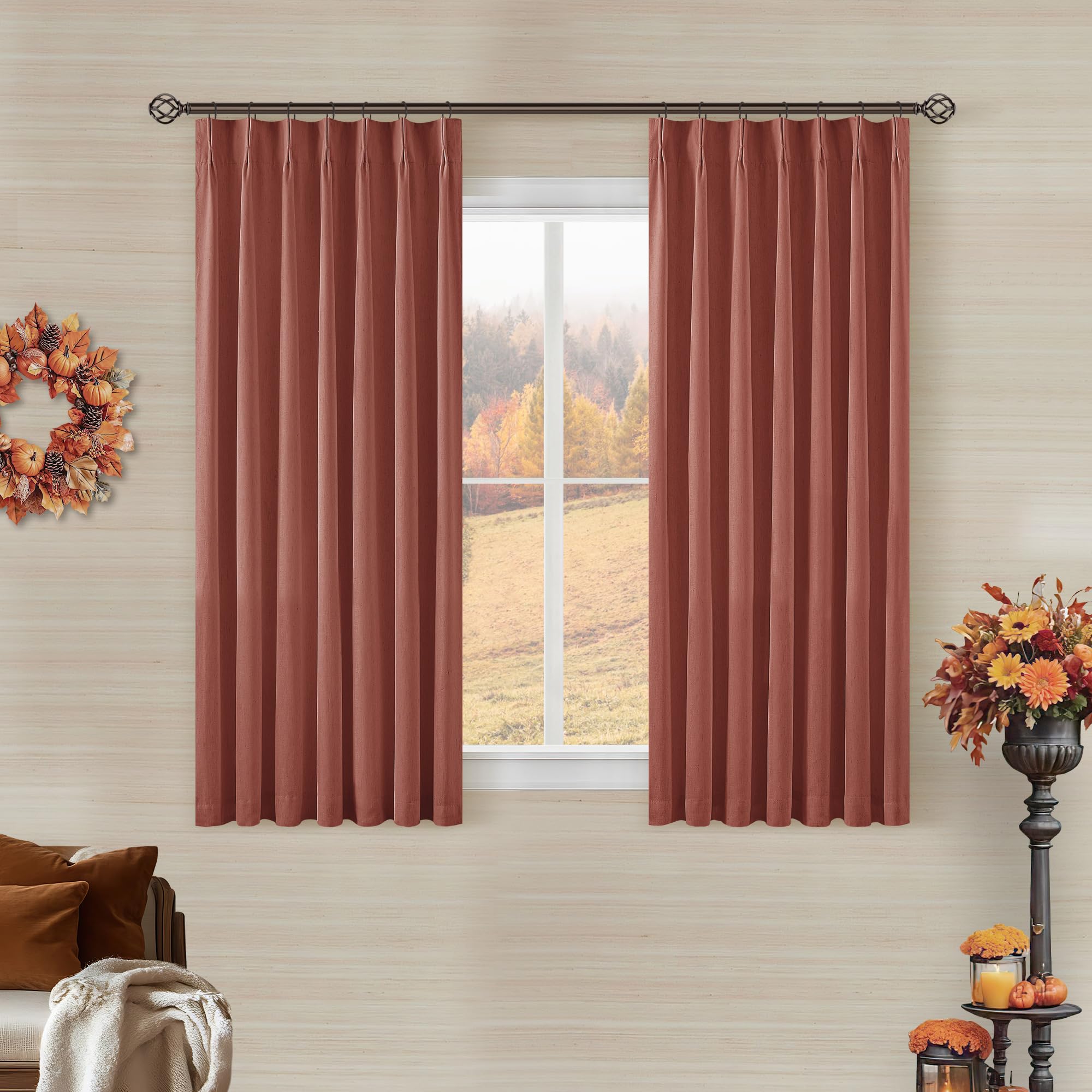 Photo 1 of Terracotta Linen Blackout Curtains 45 Inch Length 2 Panels Pinch Pleated Back Tab Short Curtains for Kitchen with 100% Blackout Liner Rustic Farmhouse Drapes for Basement Thermal Insulated Drape