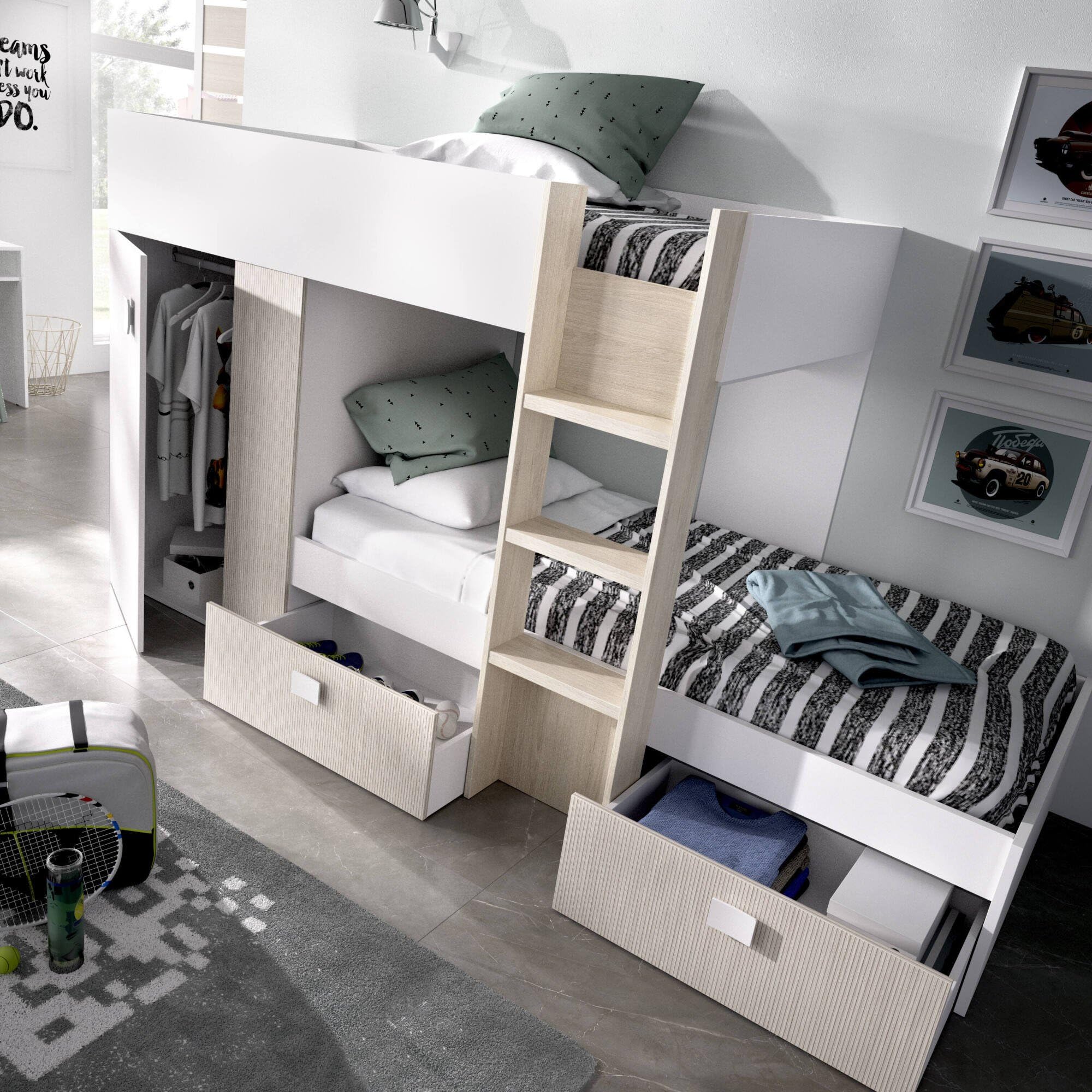 Dmora - Letto per bambini Cevedale, Cameretta completa con armadio e cassetti, Composizione letto a castello con due lettini singoli, 271x111h150 cm, Bianco e Rovere