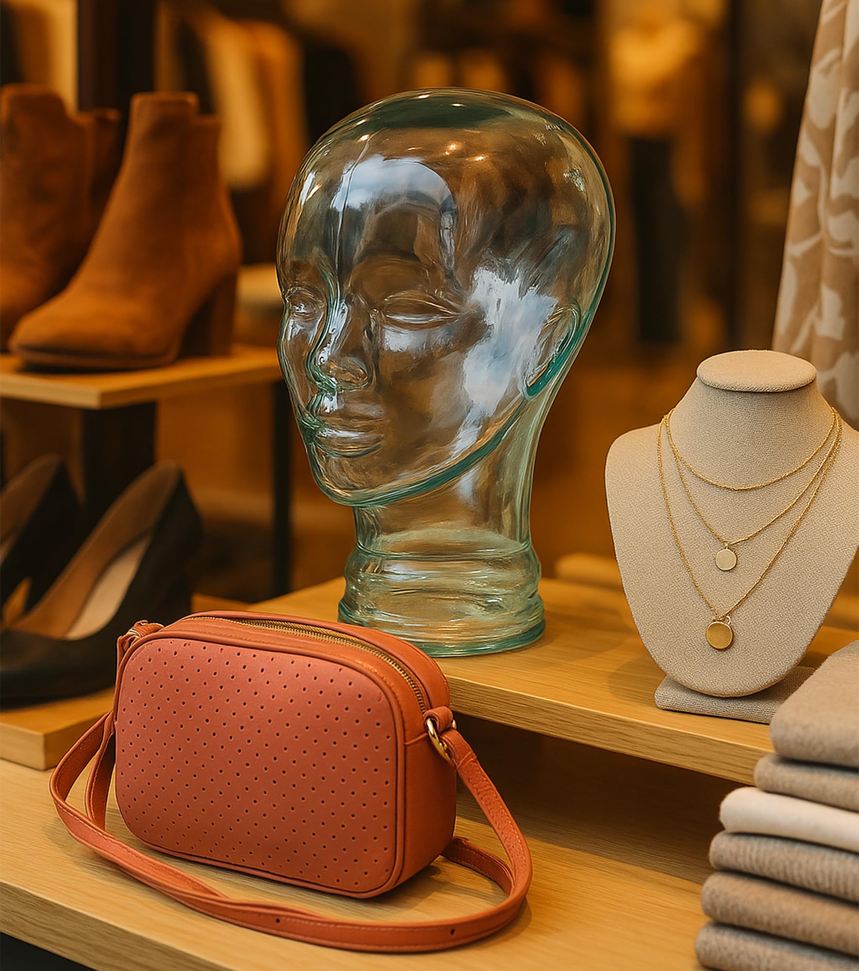 Testa di Manichino di vetro per Caschi Cappelli e Gioielli - Testina porta accesori manichino uomo || Espositore Decorativo per Vetrine e Conservazione di Accessori