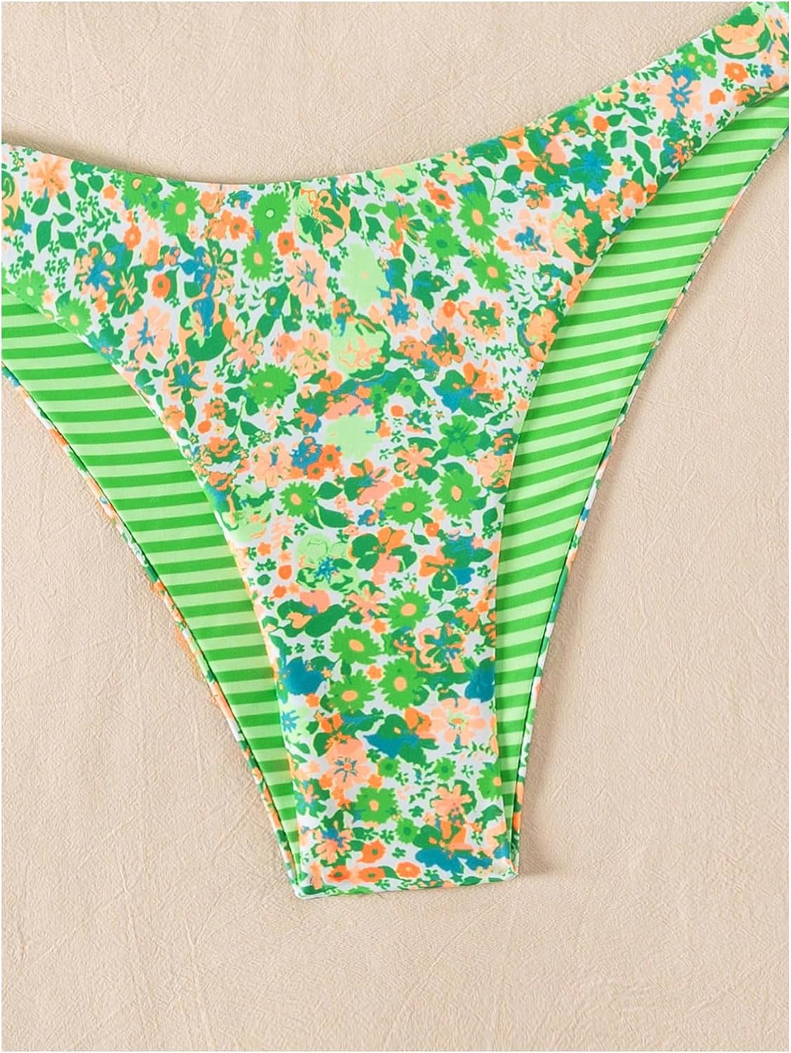 WDIRARA Women's 2 Piece Floral Striped Bikini Set Halter String Thong Swimsuit High Cut Bathing Suit - Image 4