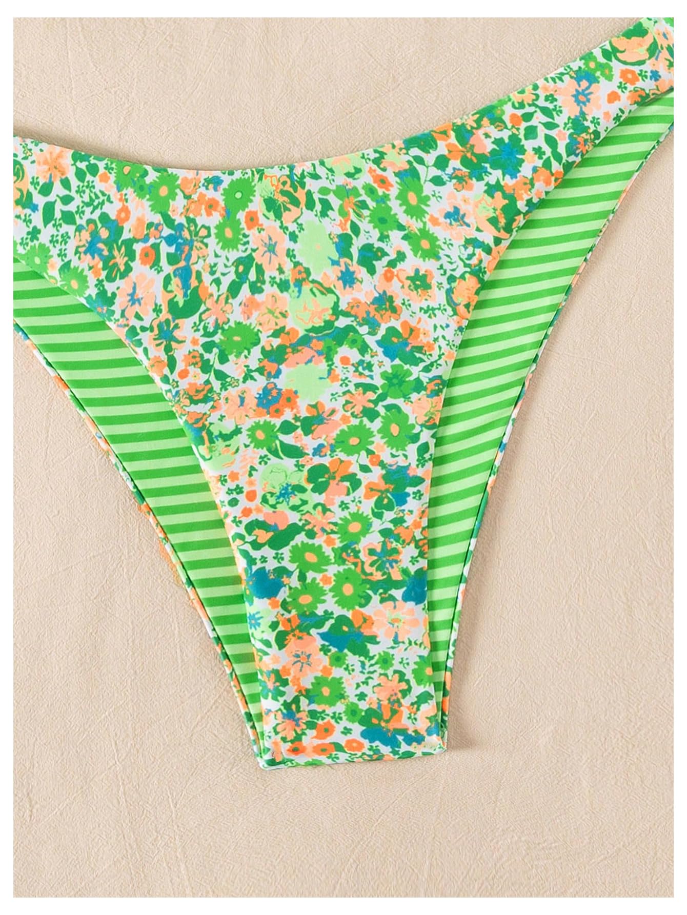 Damski Dwuczęściowy Zestaw Bikini W Kwiaty Paski Halter Stringi Strój Kąpielowy Z Wysokim Stanem Gorący Różowy Mały