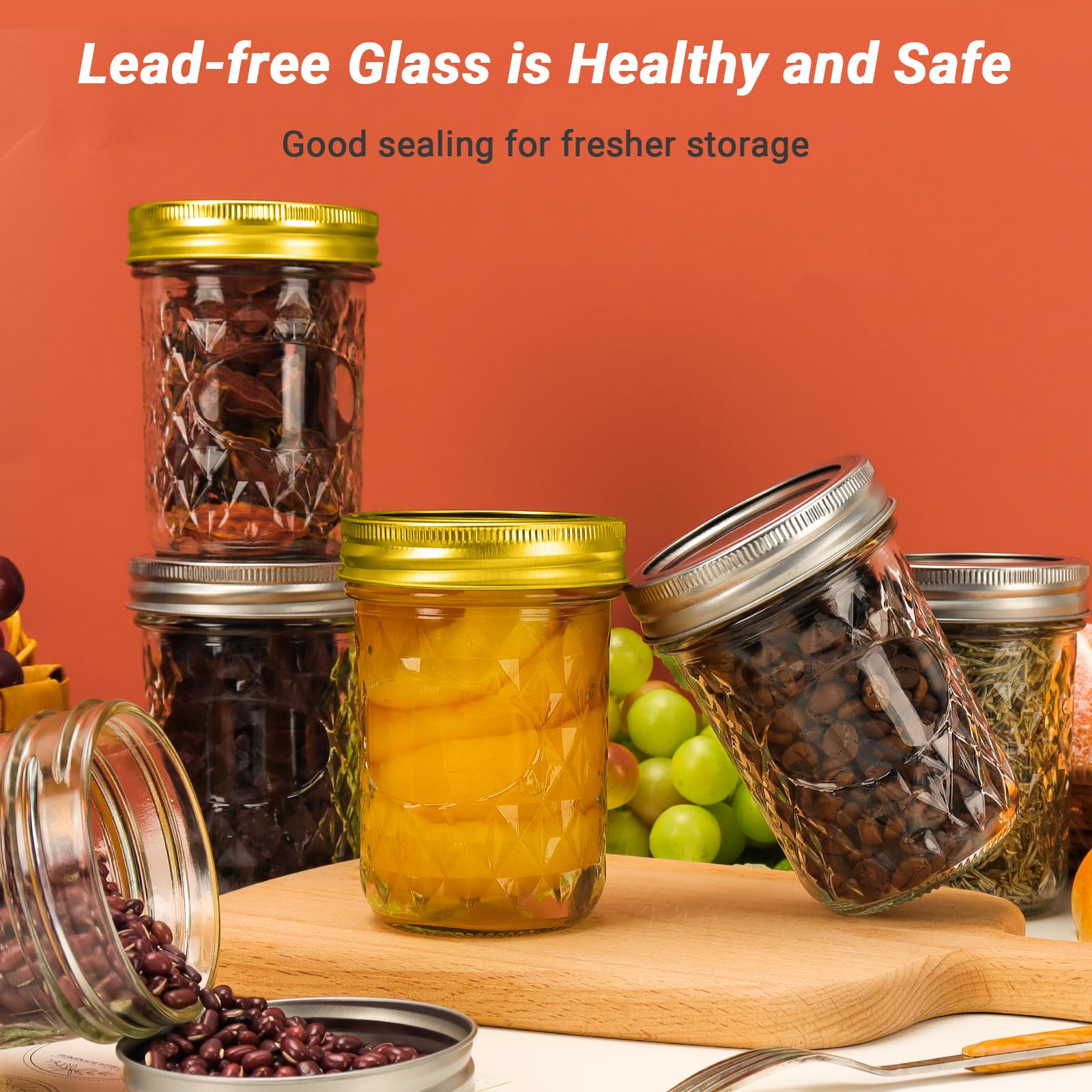 Einmachgläser aus Glas, 237 ml, normale Öffnung, mit silbernen und goldenen Aluminiumdeckeln und Bändern, luftdichte Marmeladengläser für Lebensmittelaufbewahrung, Einlegen, Gären, Honig,