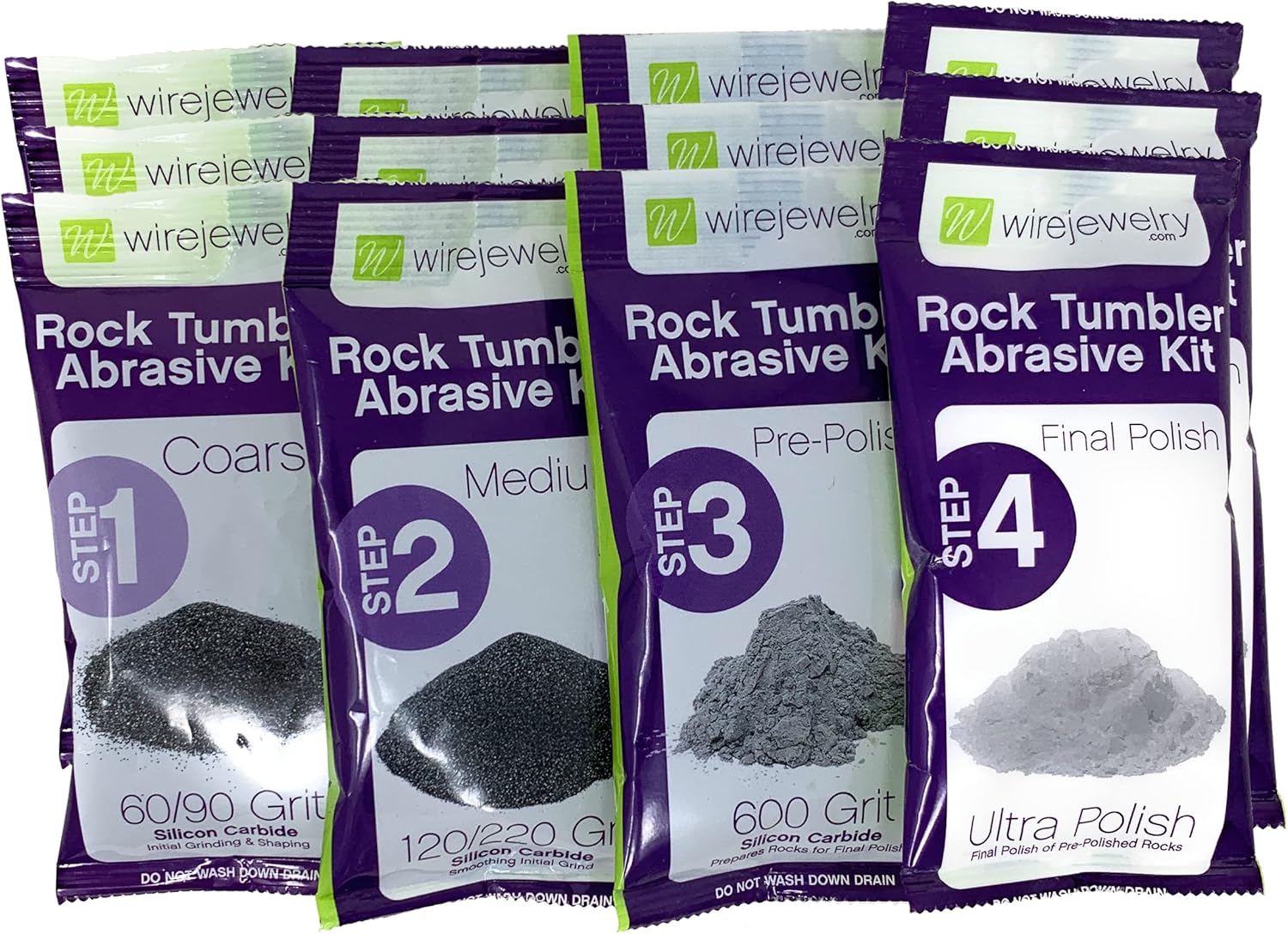 Wirejewelry 4 Step Rock Tumbler Abrasive Grit and Polish Kit, 3 Batches