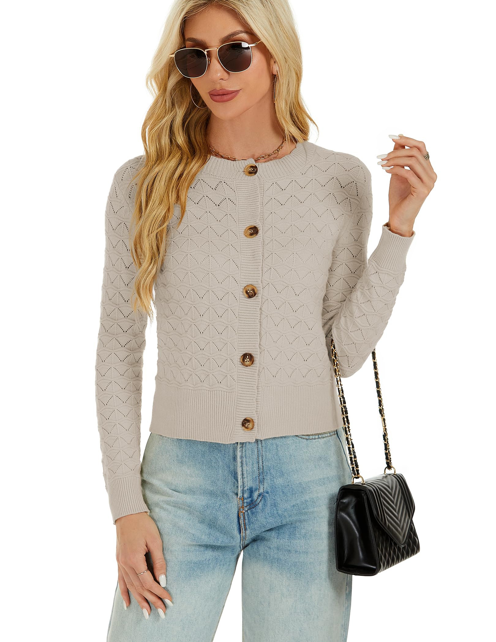 Damen Strickjacke Elegant Langarm Rundhals Cardigan Leicht Bolero Jäckchen mit Knöpfe Weiche Jacke über Top Kleid
