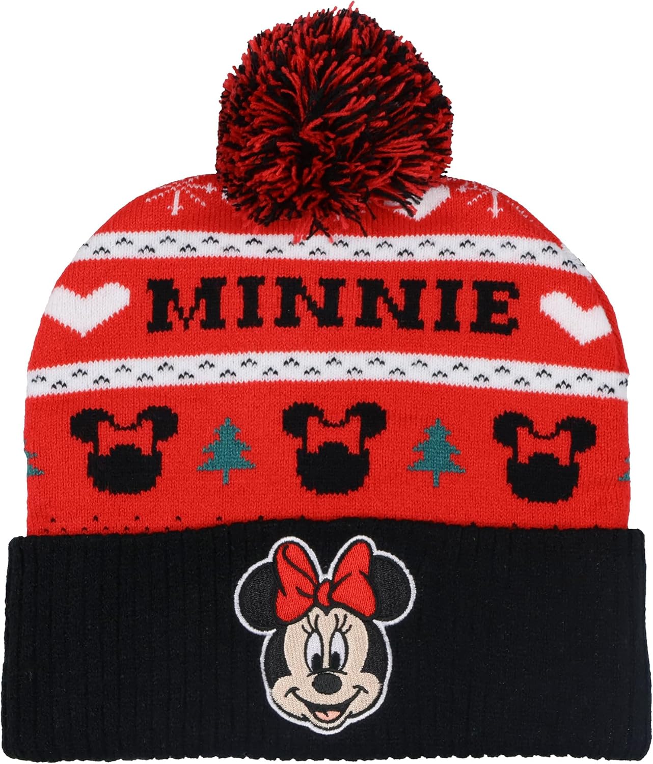 Disney Minnie Mouse Beanie Fair Isle Knit Design Cuffed Winter Hat with Pom Multicolored