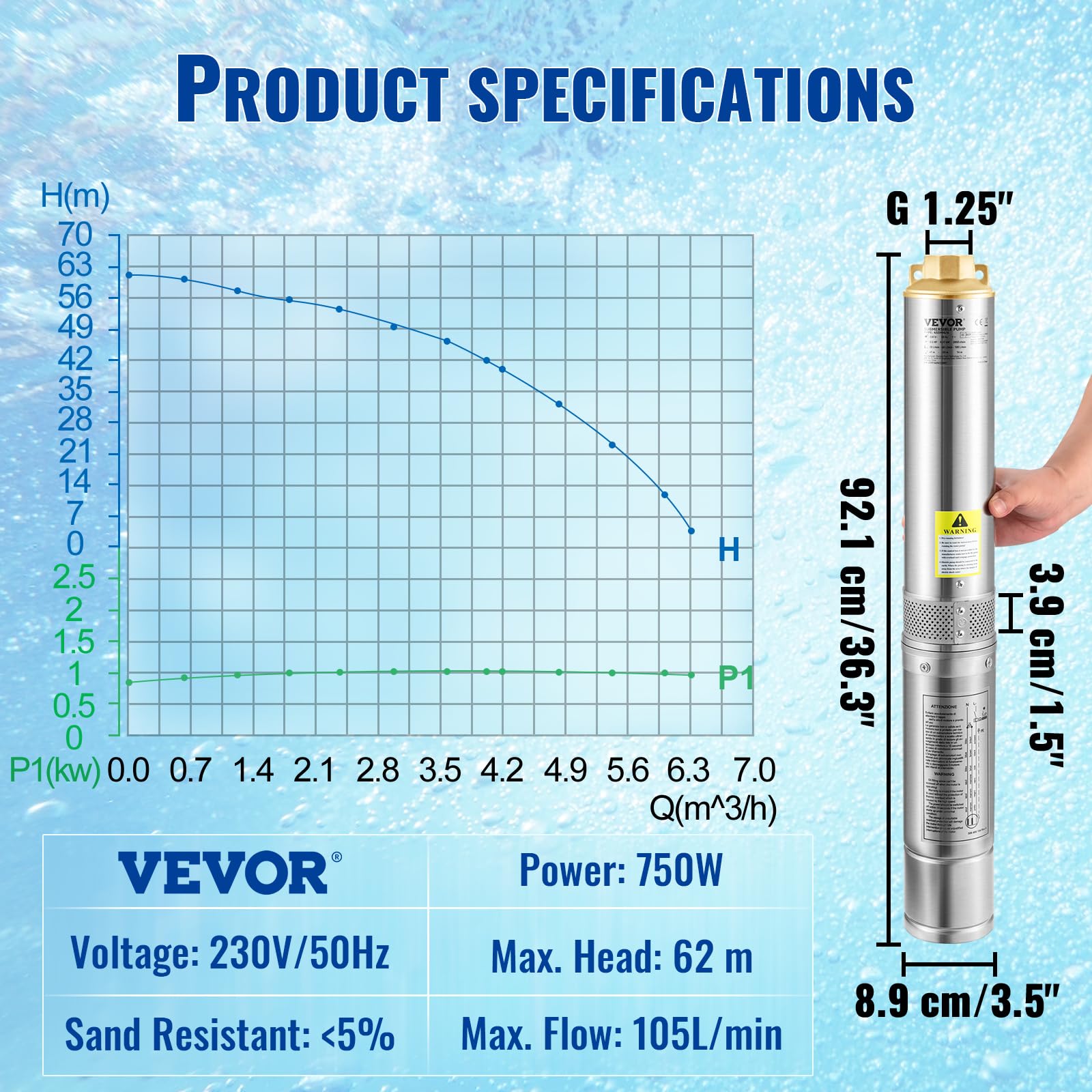VEVOR 3, 5" Tiefbrunnenpumpe 750W Brunnenpumpe 105L/min Tauchpumpe max. Förderhöhe 62m Rohrpumpe 230V 50Hz Sandpumpe IP68 Wasserpumpe 11 Laufradstufen Pumpe Ideal zur Bewässerung, Silber