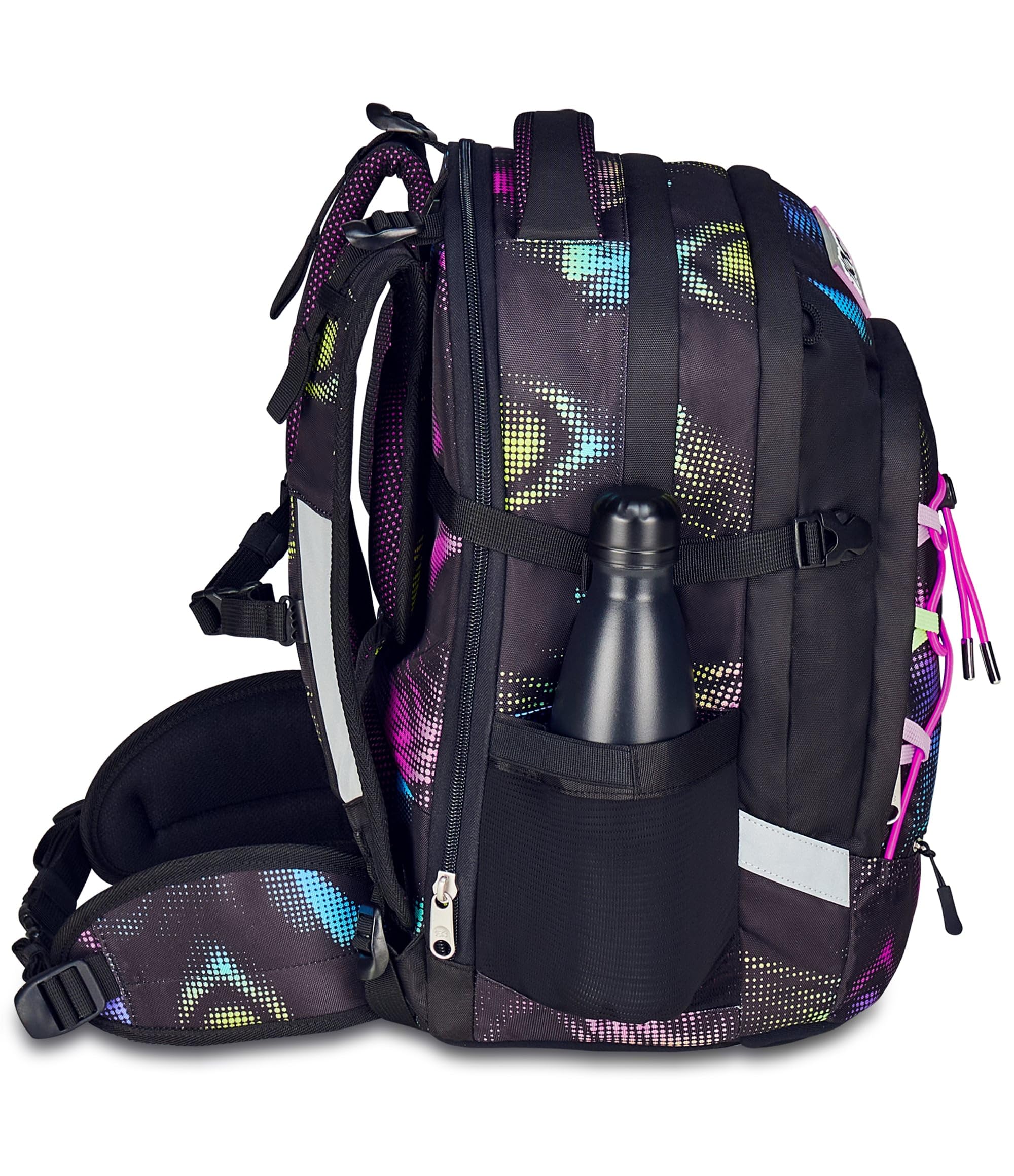 Seven Zaino Scuola Ergonomico Updown Twice, Nero Fucsia, Con Schienale e Spallacci Regolabili, Organizzazione Interna, Tasca Borraccia, 27 L, Zaino Scuola Elementare e Media, Bambina