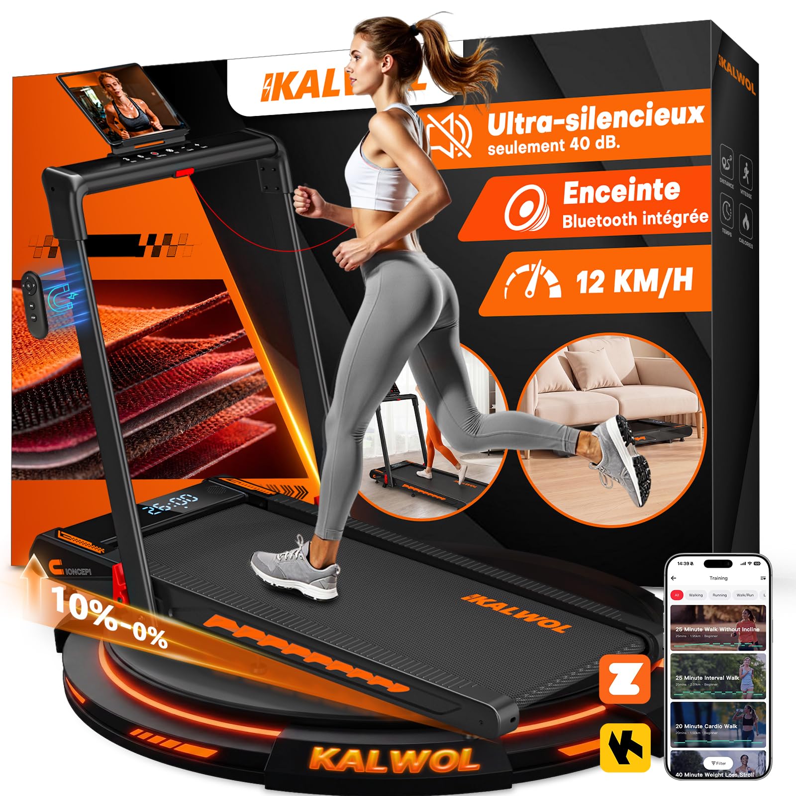 Tapis de Course, 6 en 1 Tapis de Marche Pliable avec Enceinte Bluetooth – Inclinaison 10%, Moteur Silencieux 3,0 CV, 12 KM/H, 12 Programmes, APP & Télécommande, Charge 160 kg – pour Maison & Bureau