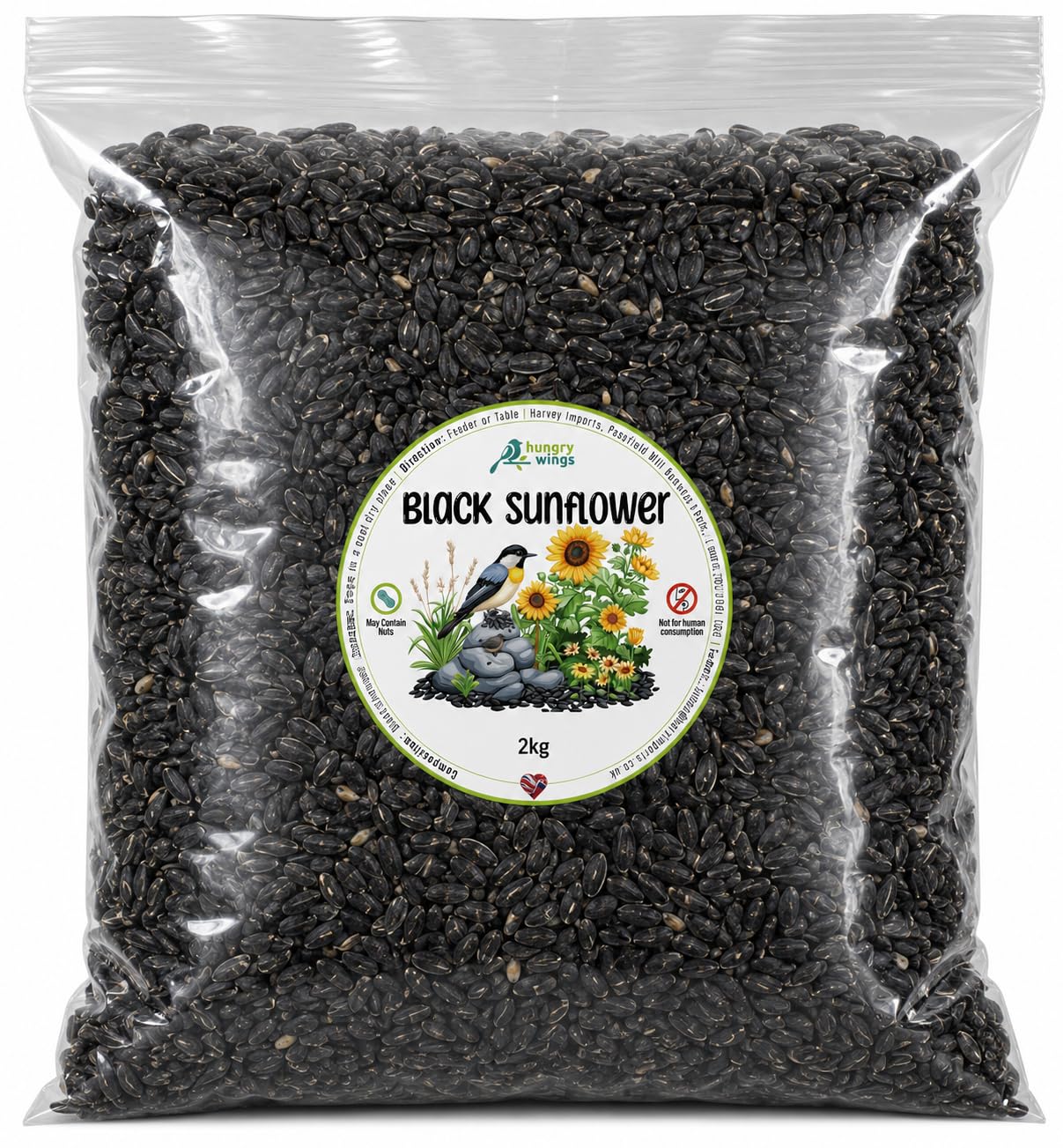 Hungry Wings Black Sunflower Seeds 2Kg | Wild Bird Food | High Energy Oil-Rich Seeds For Garden Birds