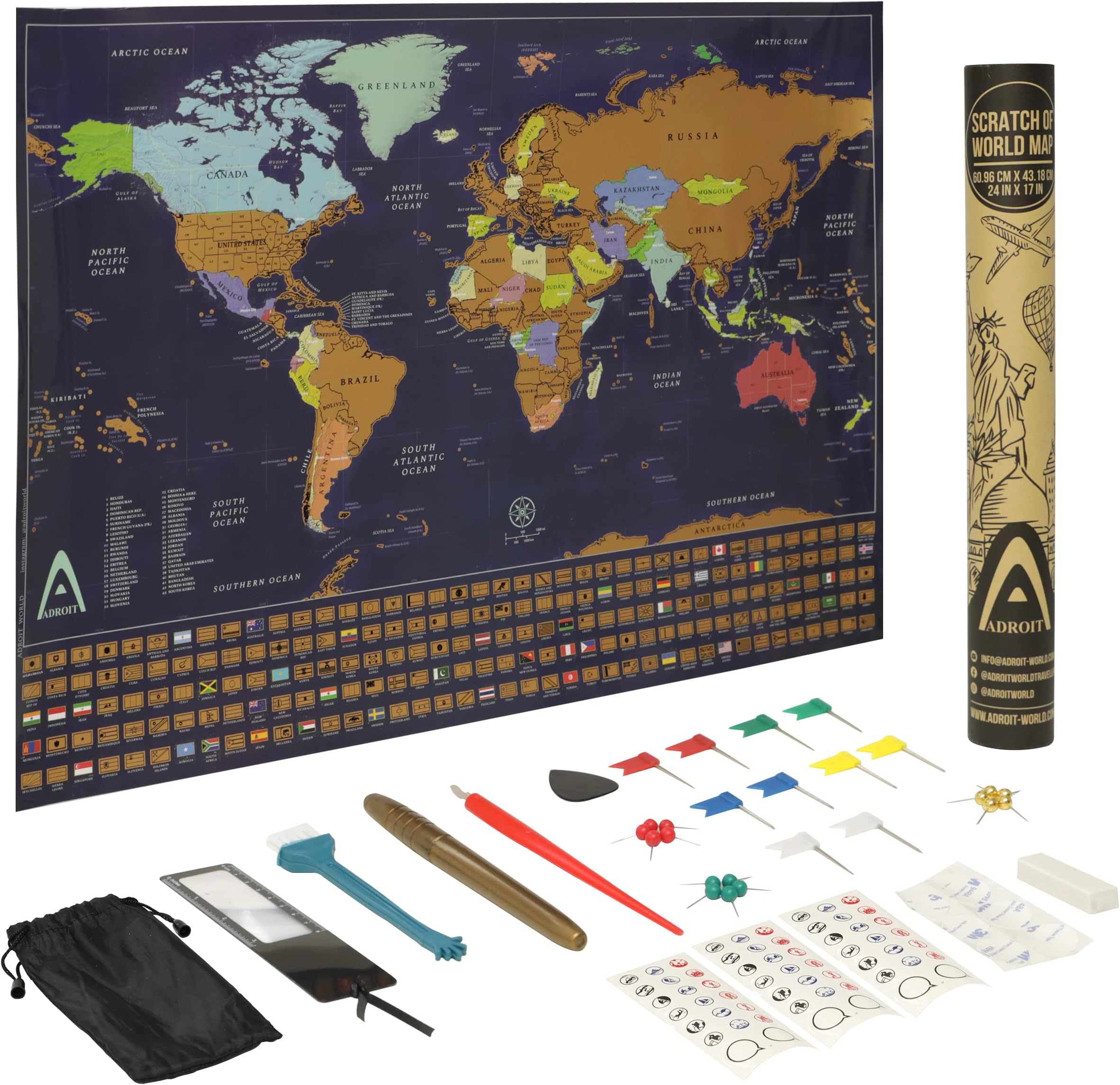 Travel Scratch Off Map of the World with Pins, Scratch Off Travel Map with US States and Canada Provinces, Includes Complete Accessories Set and All Country Flags, Perfect Wall Art for Travelers