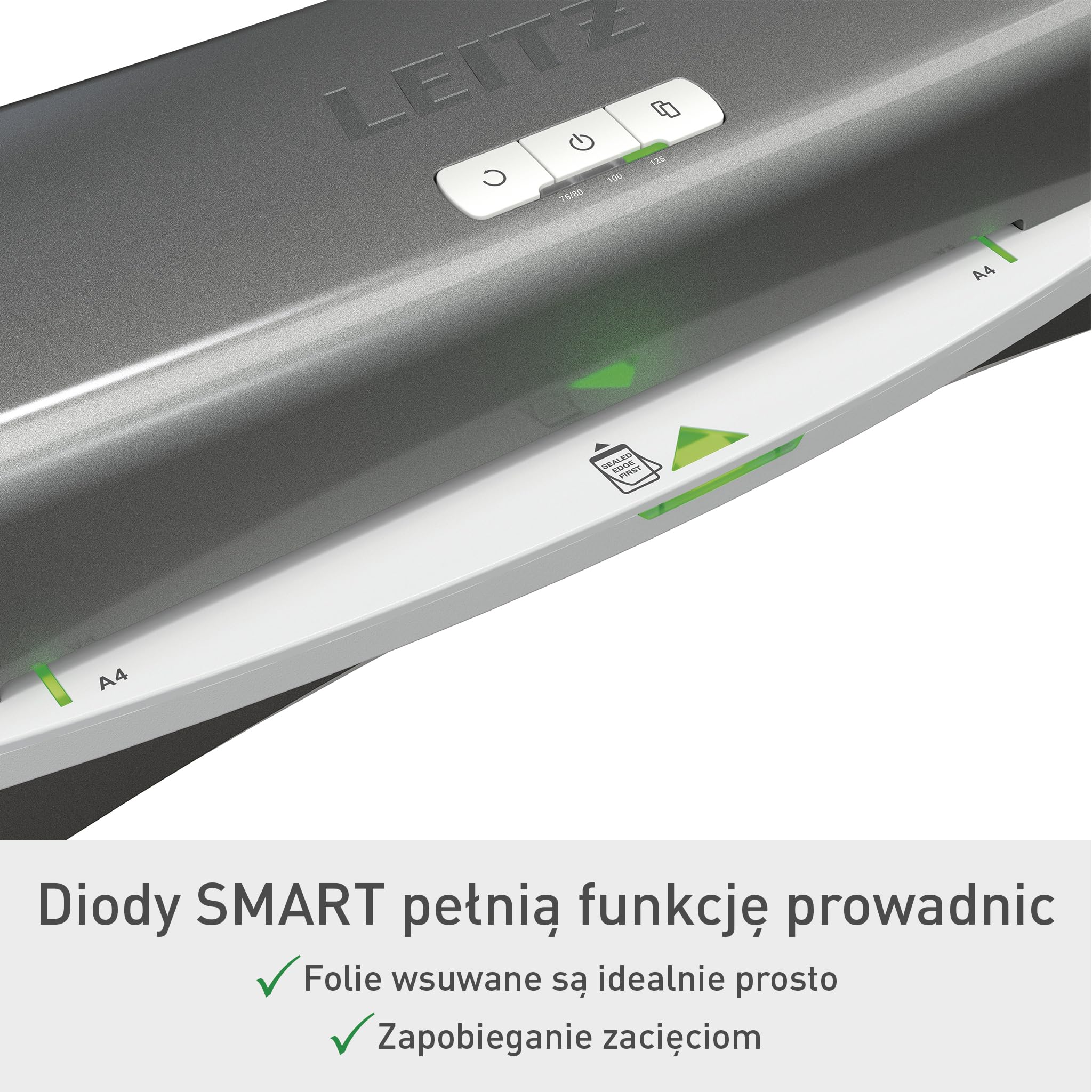 Leitz iLAM Office A4 Laminator, Ekstremalnie szybkie nagrzewanie w 1 minutę, 75-125 Micron, Inteligentny status LED, Automatyczne wyłączanie, Zawiera 5 x A4 worków laminacyjnych, Szary/Biały, 72510084